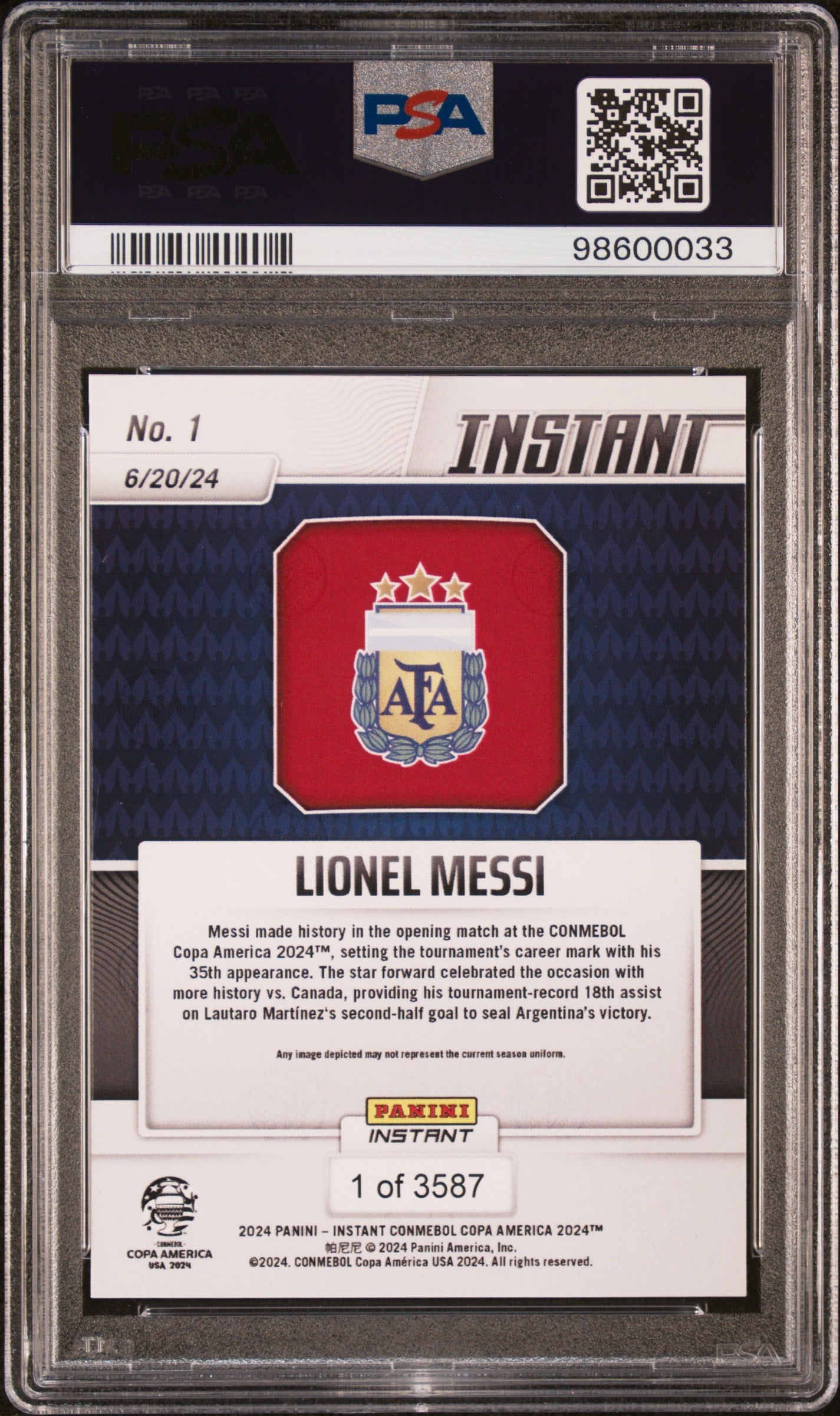 Graded 2024 Panini Instant Lionel Messi #1 Copa America Soccer Card PSA 9 Mint 2