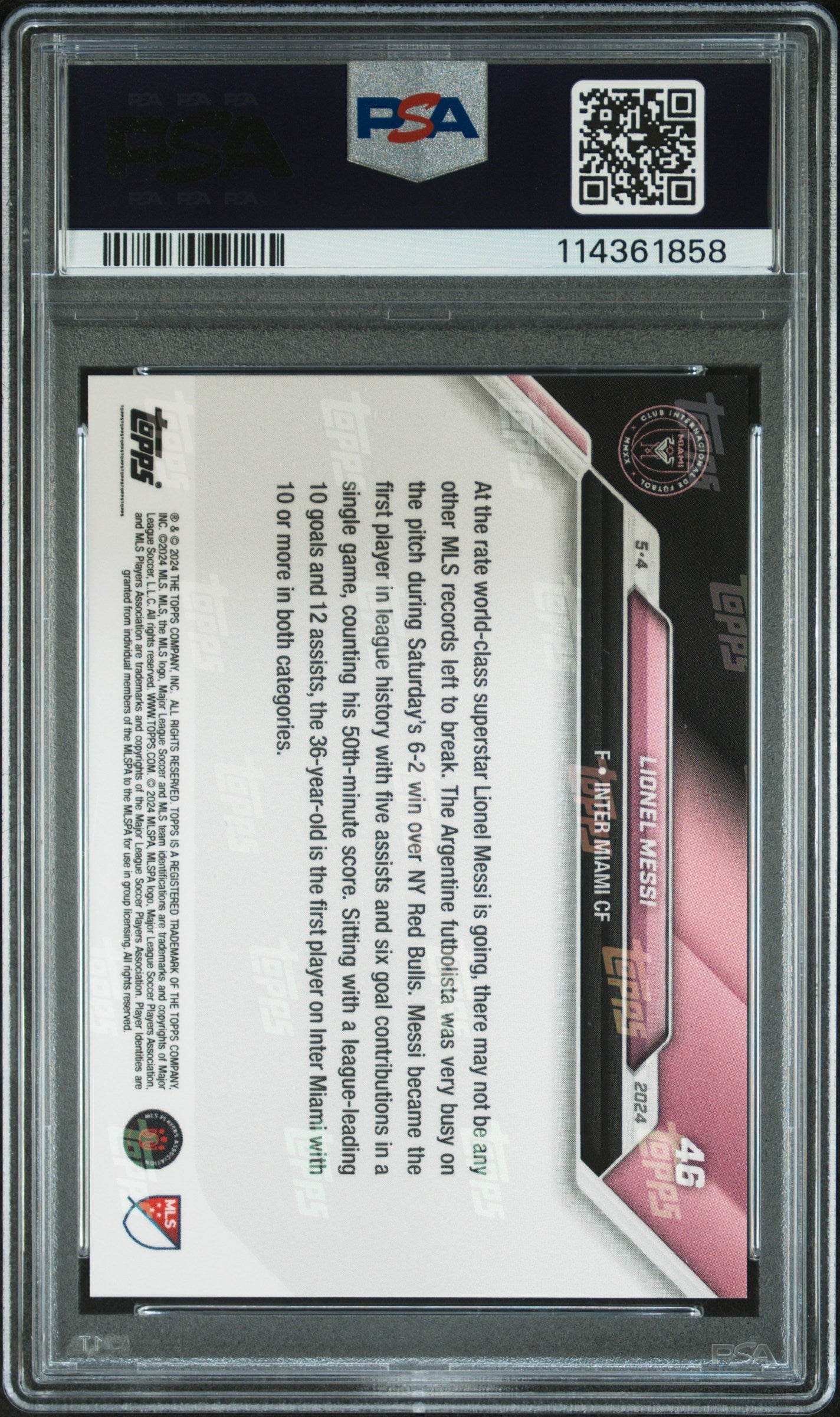 Graded 2024 Topps Now MLS Lionel Messi #46 1st MLS Player with 5 AST & 6-Goal Contribution Game Soccer Card PSA 10 Gem Mint 2