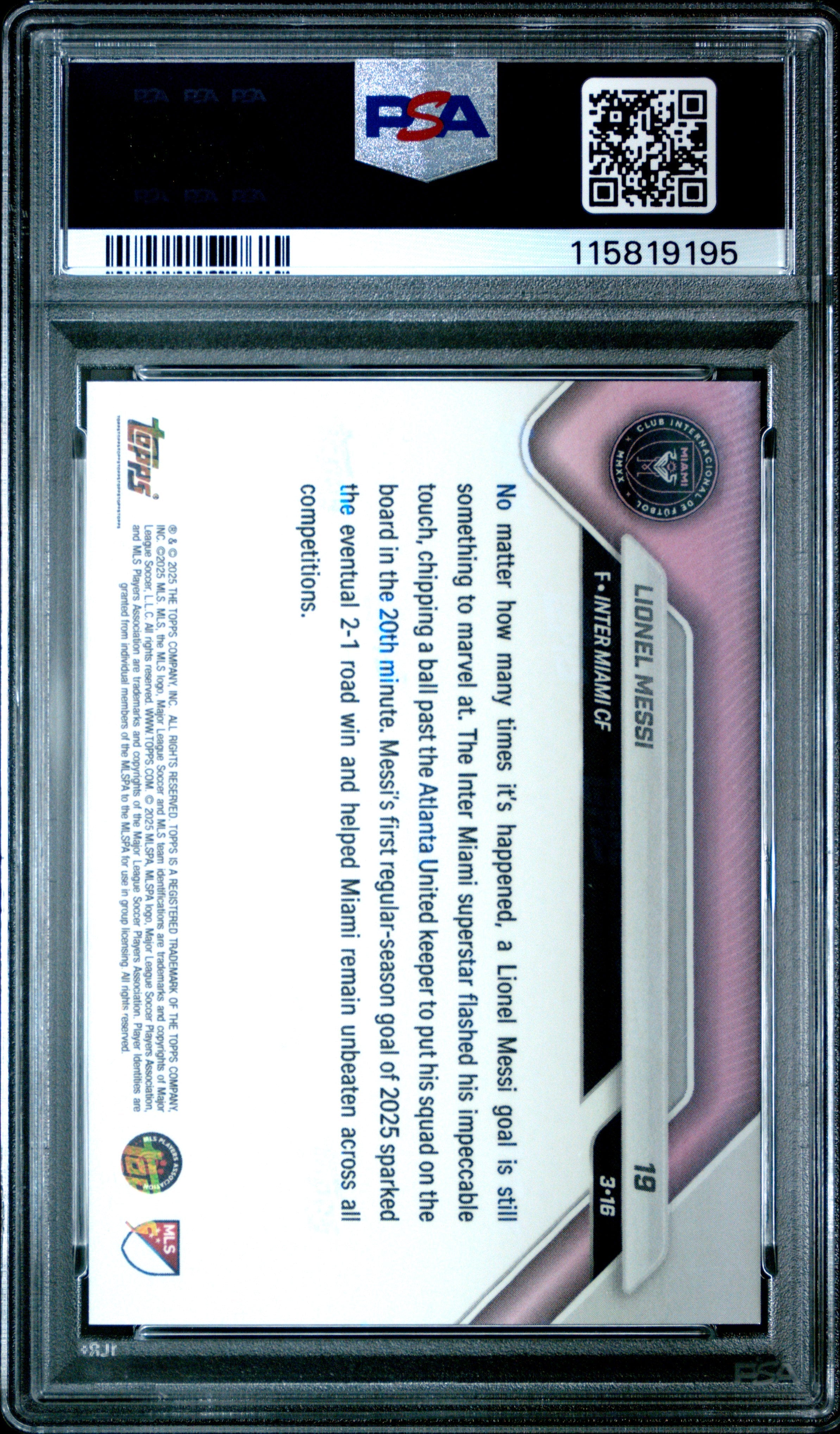 Graded 2025 Topps Now MLS Lionel Messi #19 Soccer Card PSA 10 Gem Mint 2