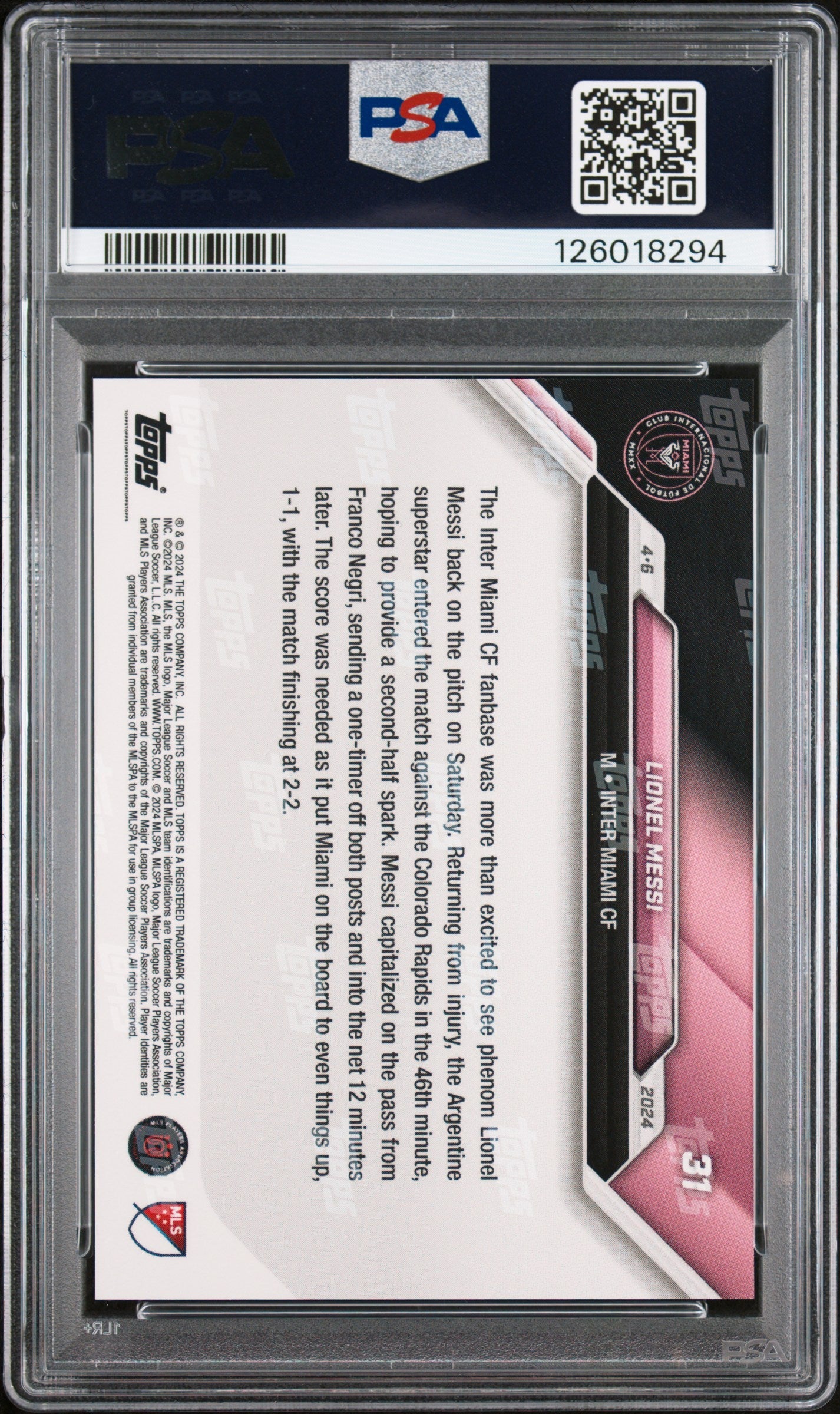 Graded 2024 Topps Now MLS Lionel Messi #31 Celebrates Return to Pitch with Glorious Golazo Soccer Card PSA 10 Gem Mint 2