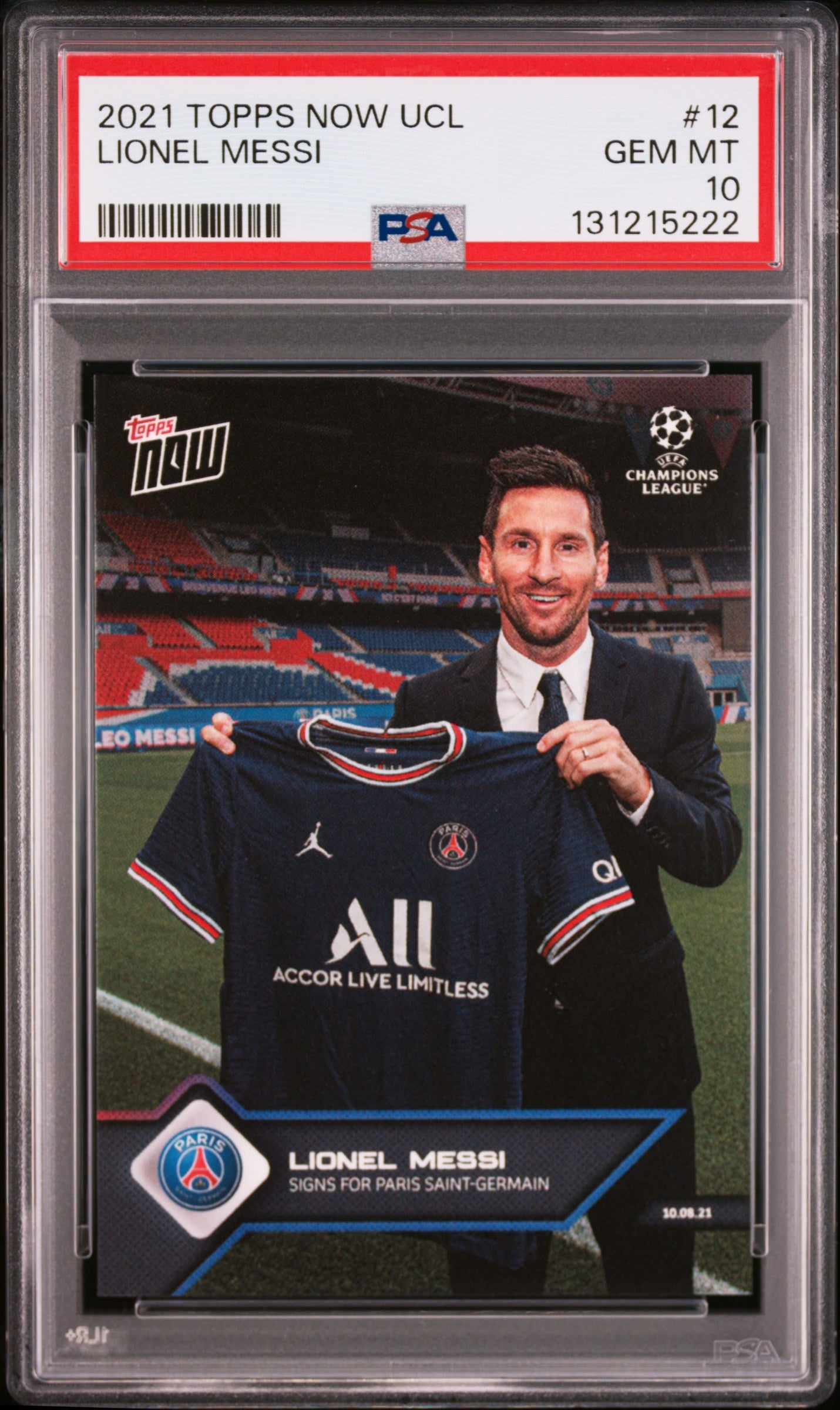 Graded 2021 Topps Now UCL Lionel Messi #12 Signs for PSG UEFA Champions League Soccer Card PSA 10 Gem Mint 1