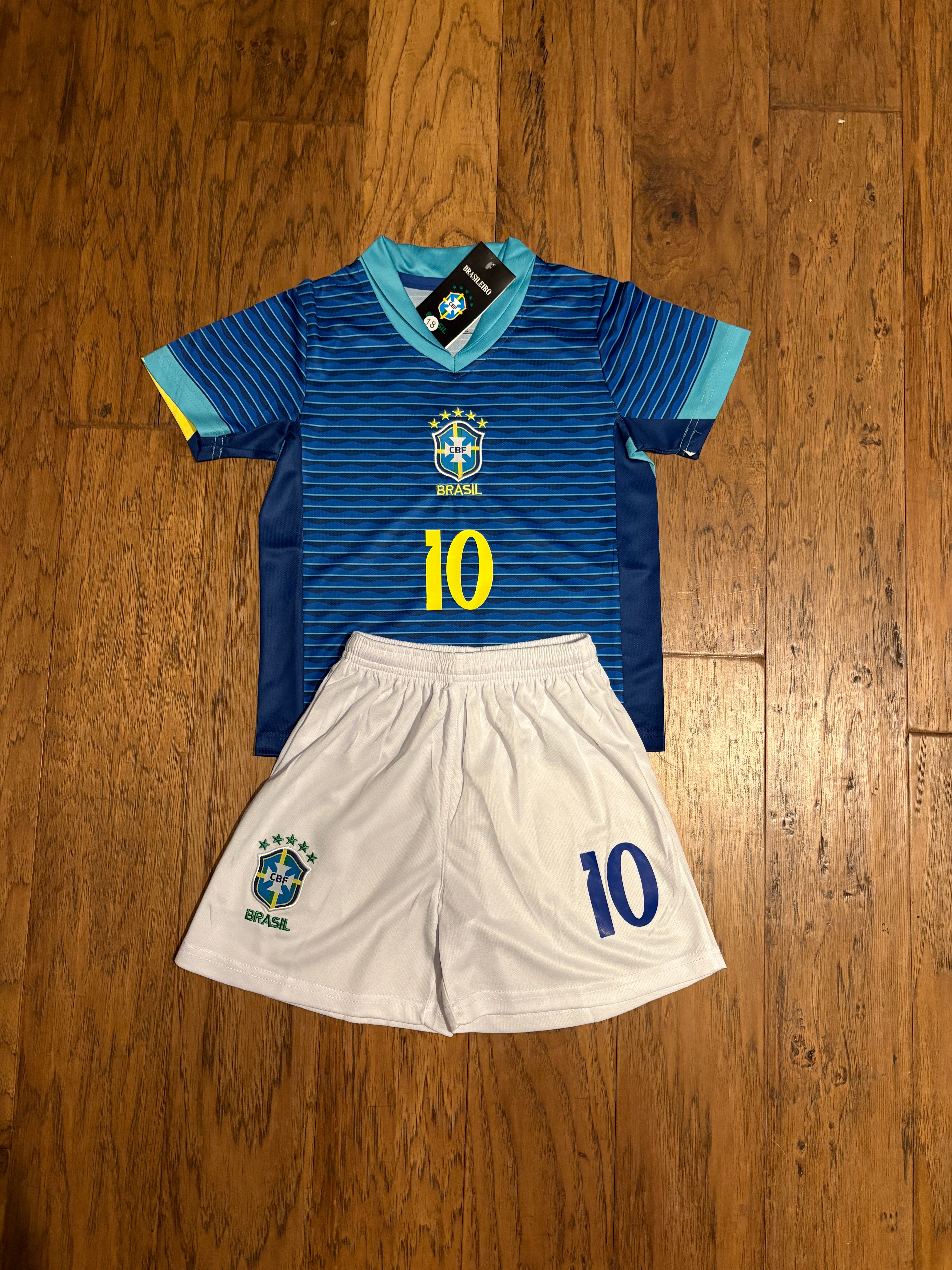 Neymar Jr Blue Brazil Away Jersey Kids Soccer Jersey Set Youth & Toddler Sizes 4