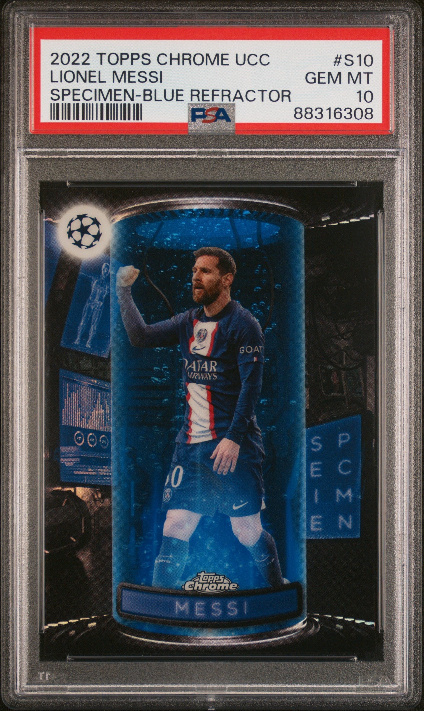 Graded 2022 Topps Chrome UCC Lionel Messi #S10 Blue Refractor #/150 Soccer Card PSA 10 Gem Mint 1
