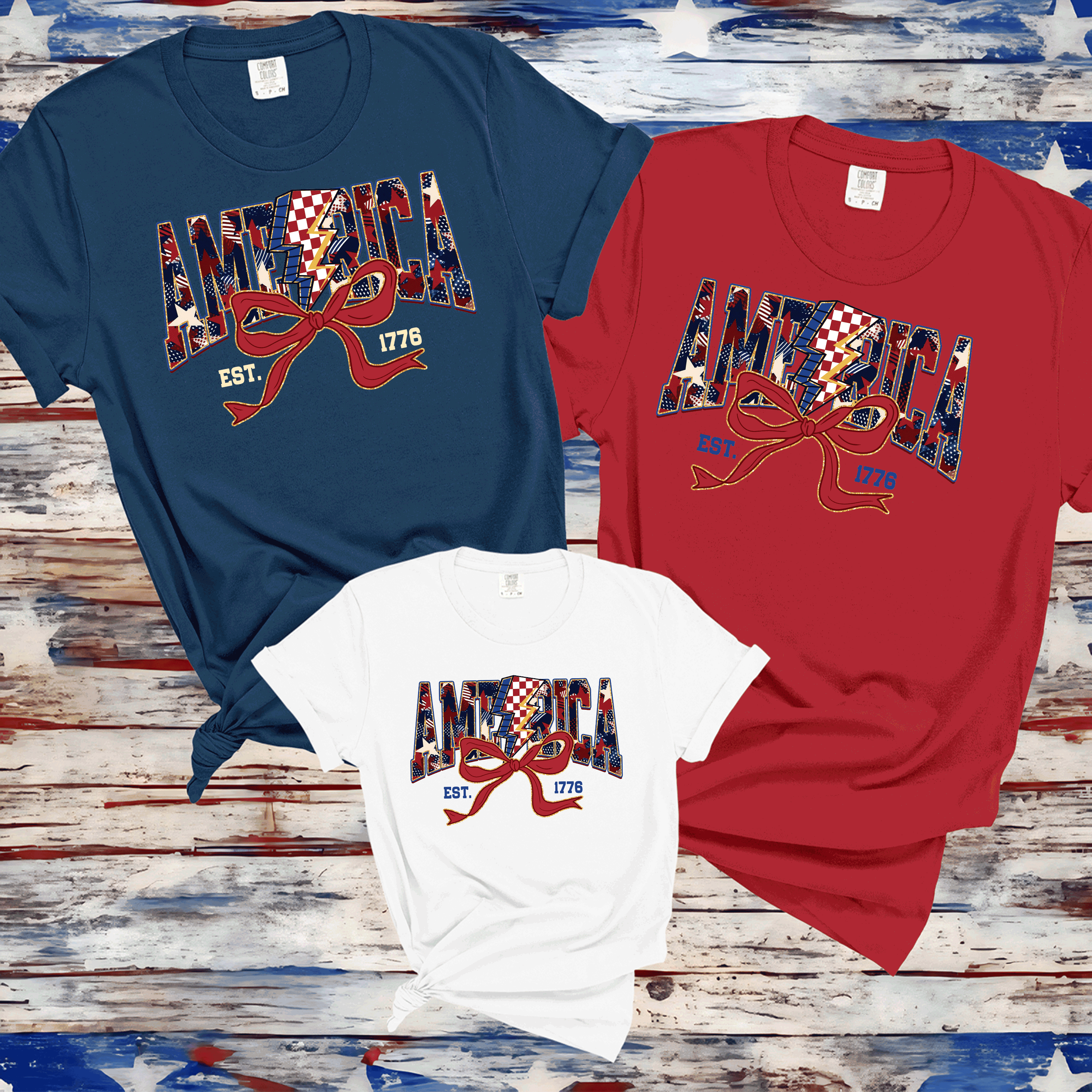 America Est 1776, Checkered Lightning Bolt, 4th of july Coquette Bow Land of the free , Fourth of july independence Day, USA Flag, American Girl Shirt 3