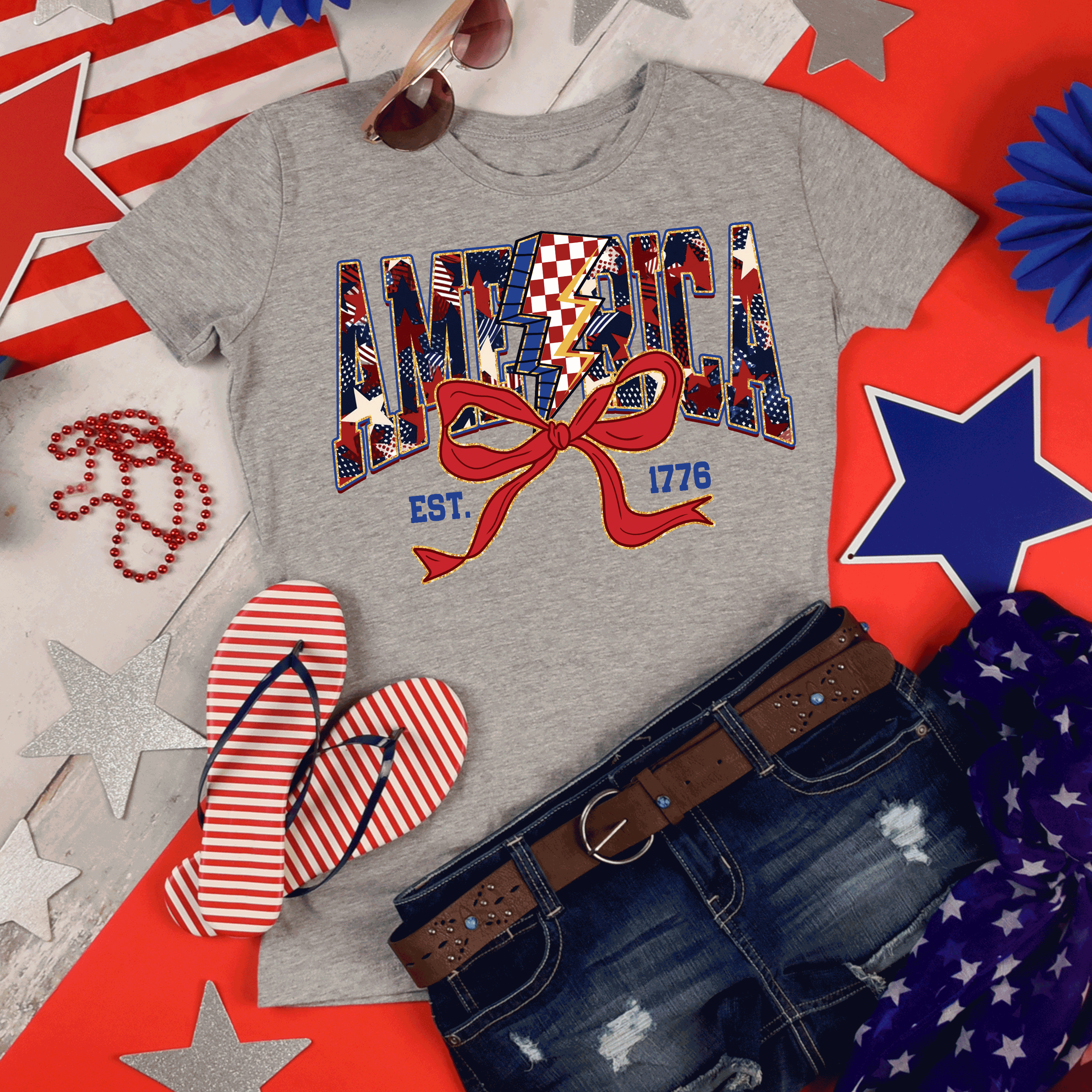 America Est 1776, Checkered Lightning Bolt, 4th of july Coquette Bow Land of the free , Fourth of july independence Day, USA Flag, American Girl Shirt 7