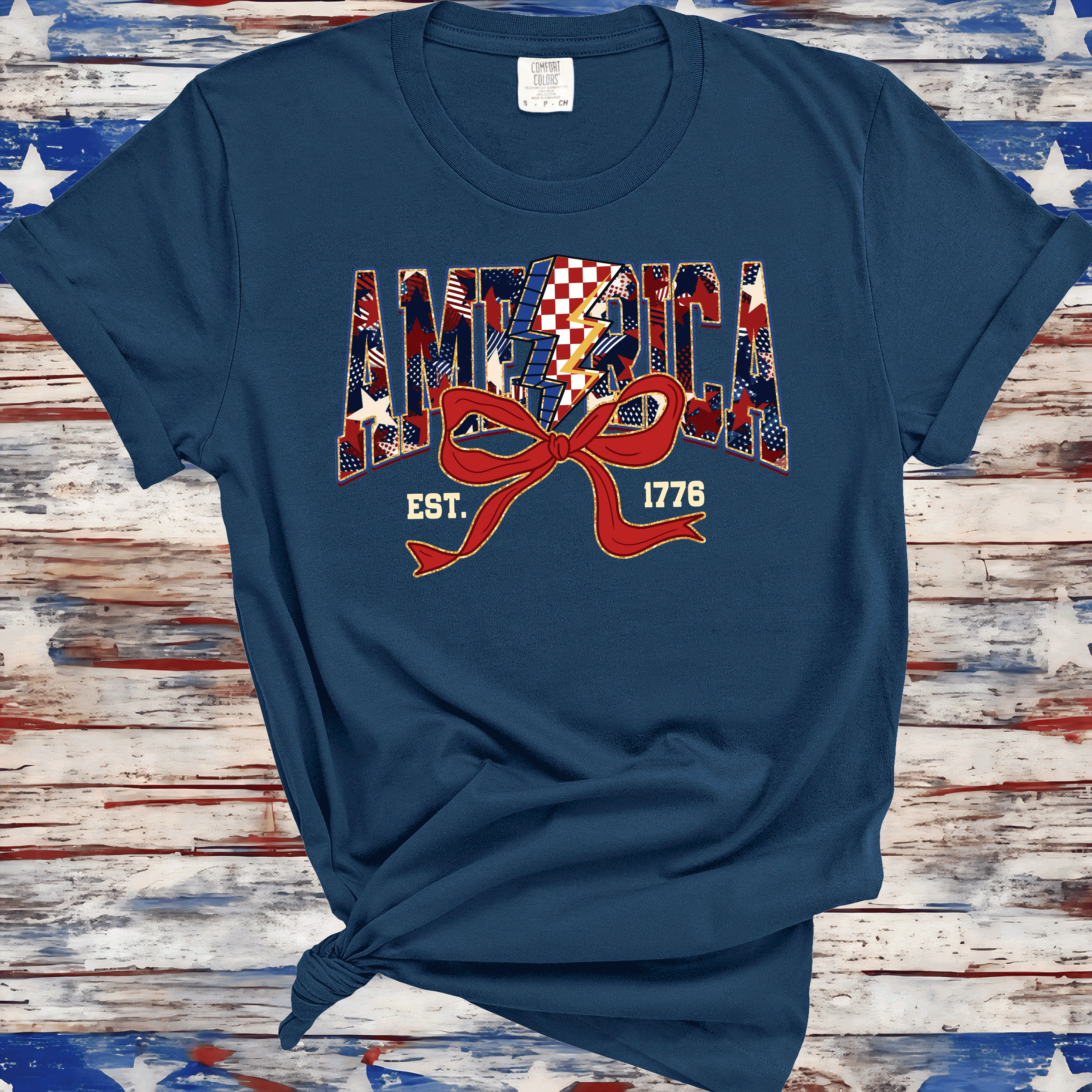 America Est 1776, Checkered Lightning Bolt, 4th of july Coquette Bow Land of the free , Fourth of july independence Day, USA Flag, American Girl Shirt 6