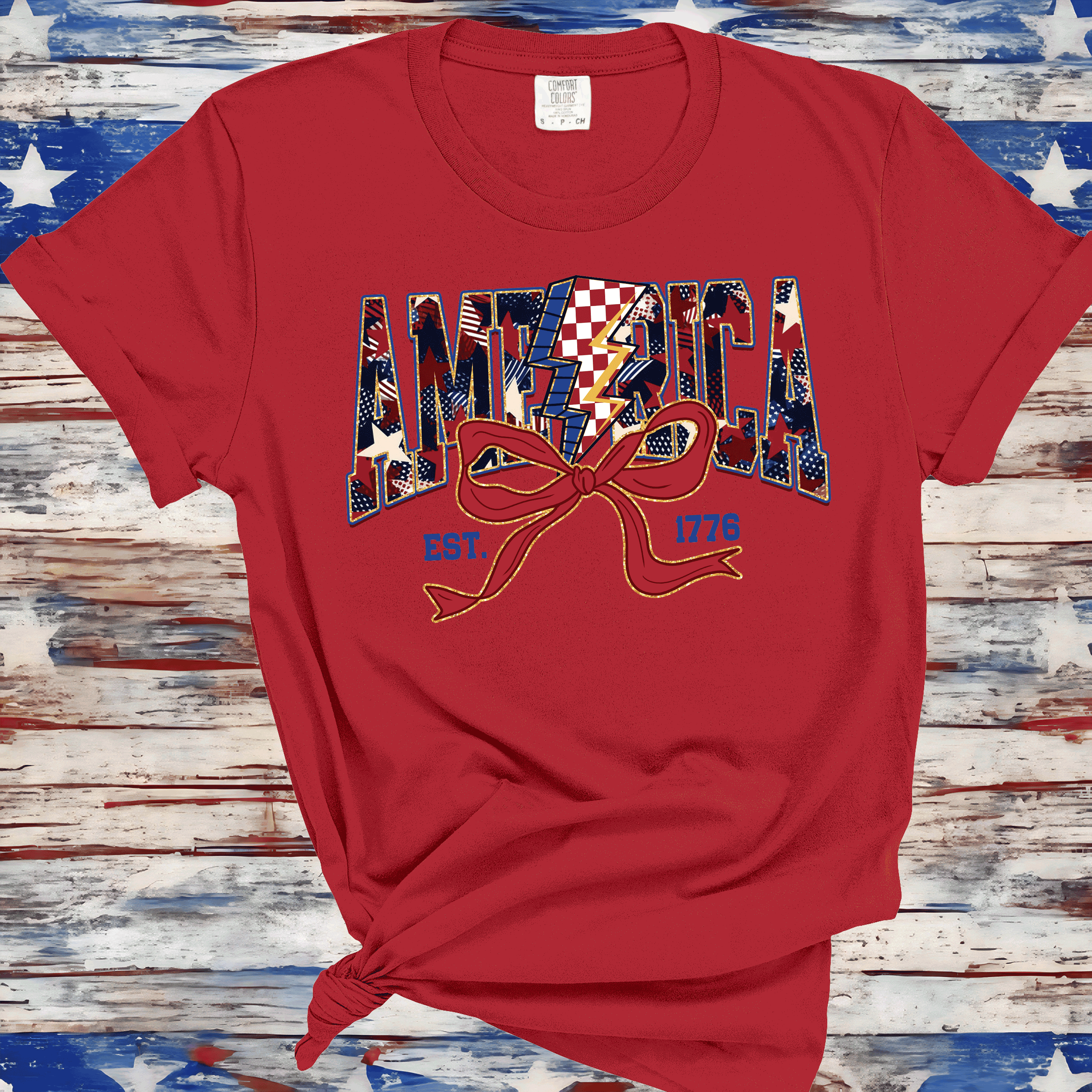 America Est 1776, Checkered Lightning Bolt, 4th of july Coquette Bow Land of the free , Fourth of july independence Day, USA Flag, American Girl Shirt 4
