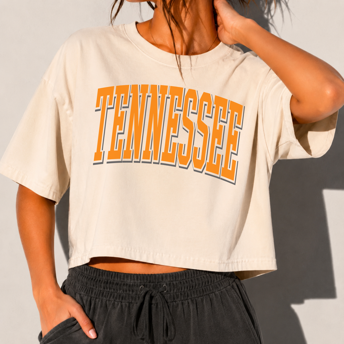 Tennessee Vintage Arch Boxy Cropped Graphic Tee | Ivory Mid-Length College Style Shirt 2