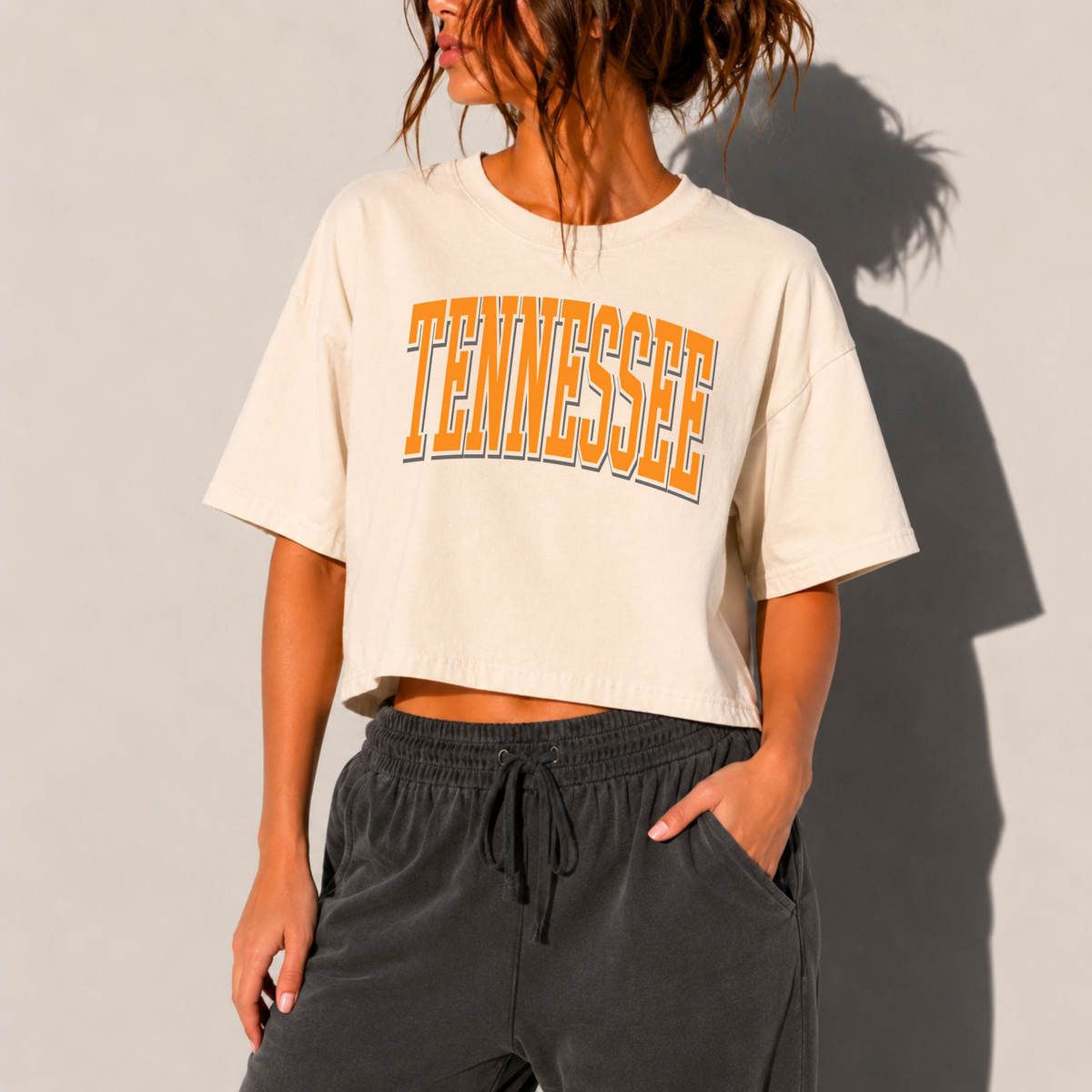Tennessee Vintage Arch Boxy Cropped Graphic Tee | Ivory Mid-Length College Style Shirt 1