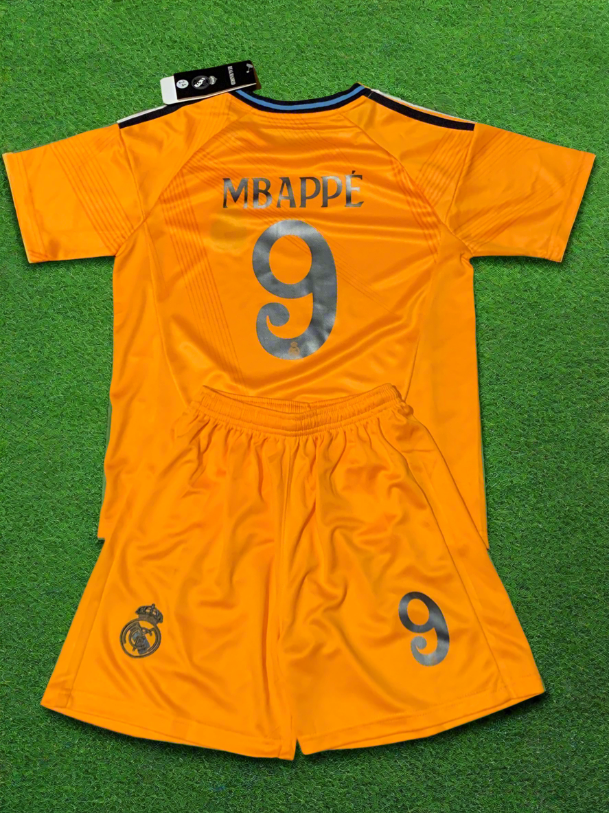 Kylian Mbappe Real Madrid Special Orange 3rd Jersey Toddler/Youth Soccer Jersey Kids Kit 3