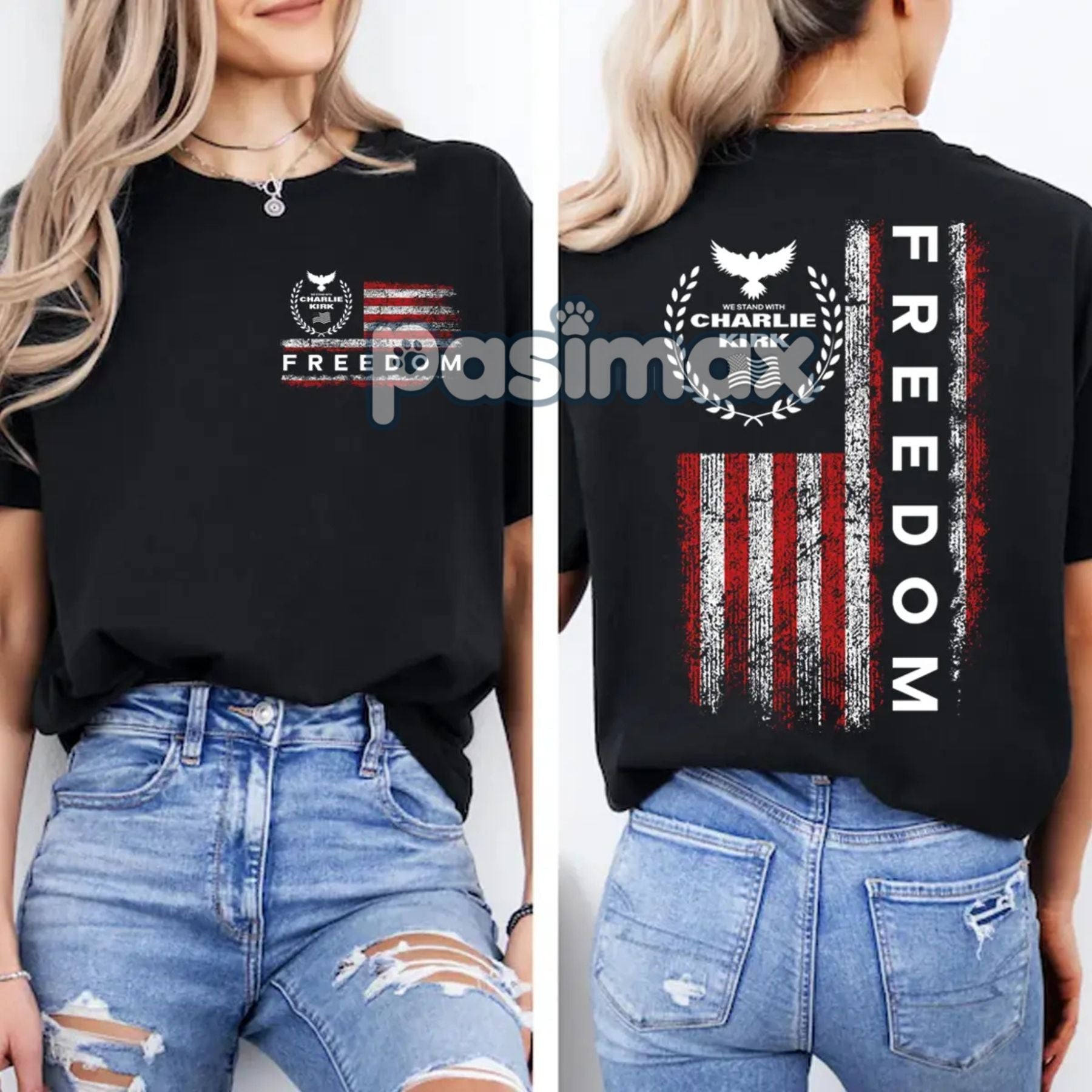 Freedom Charlie Kirk USA Flag T-Shirt - We Stand With Charlie Kirk, 2-Sided Patriotic Tee 3