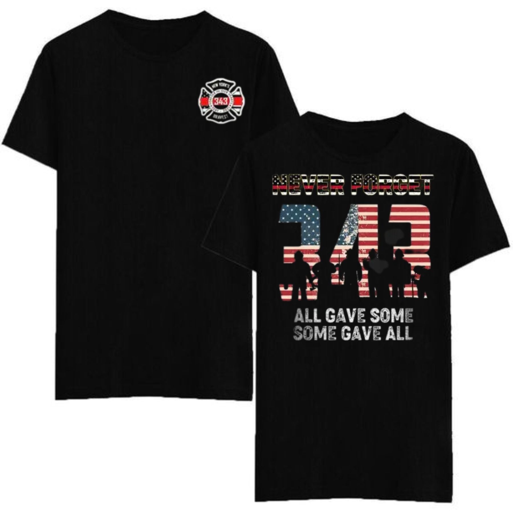 "Never Forget 343" Firefighter T-Shirt - 9/11 Memorial American Flag Tribute Tee, Honoring Heroes Apparel 3