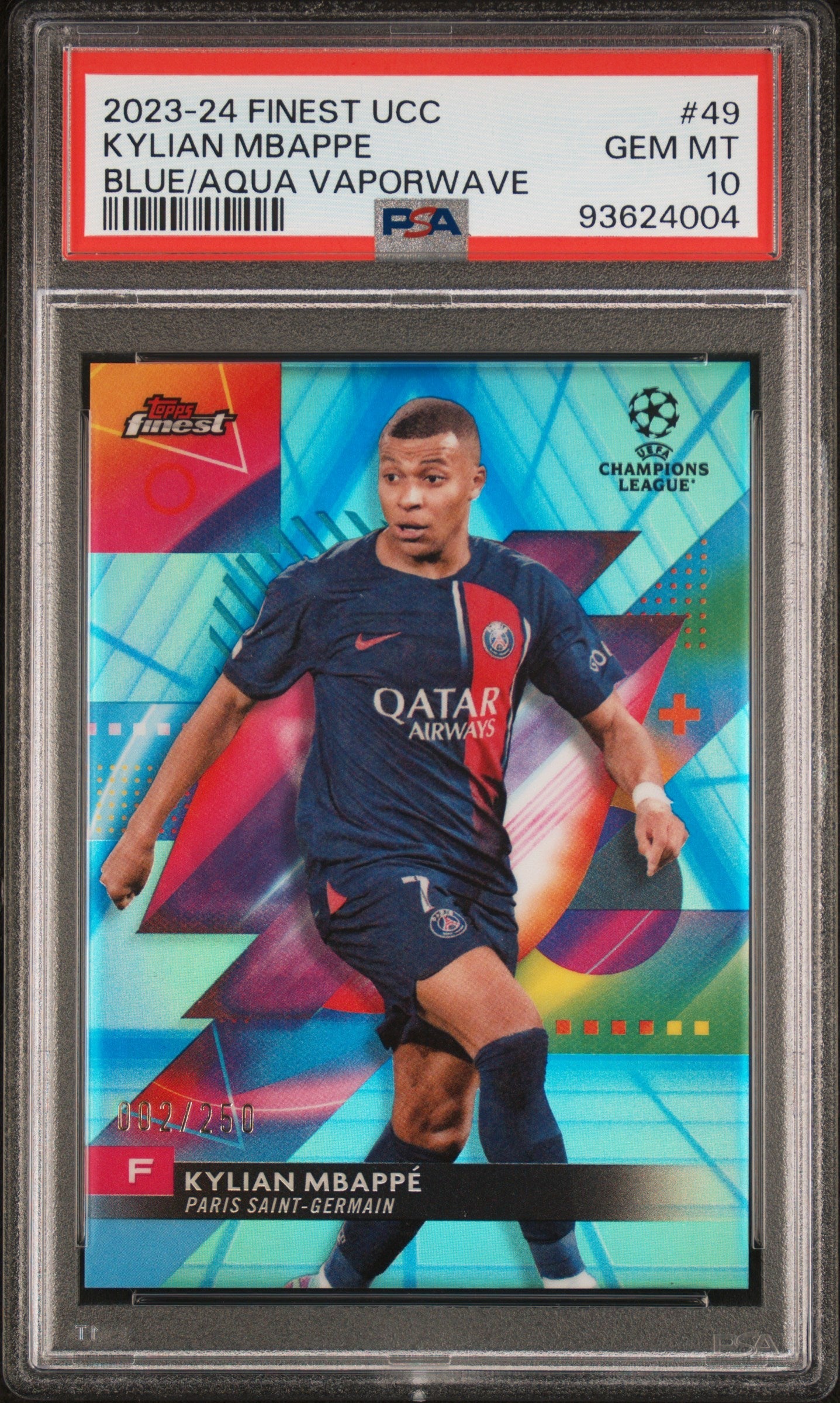 Graded 2023 Topps Finest UCC Kylian Mbappe #49 Blue/Aqua Vaporwave /250 Soccer Card PSA 10 Gem Mint 1