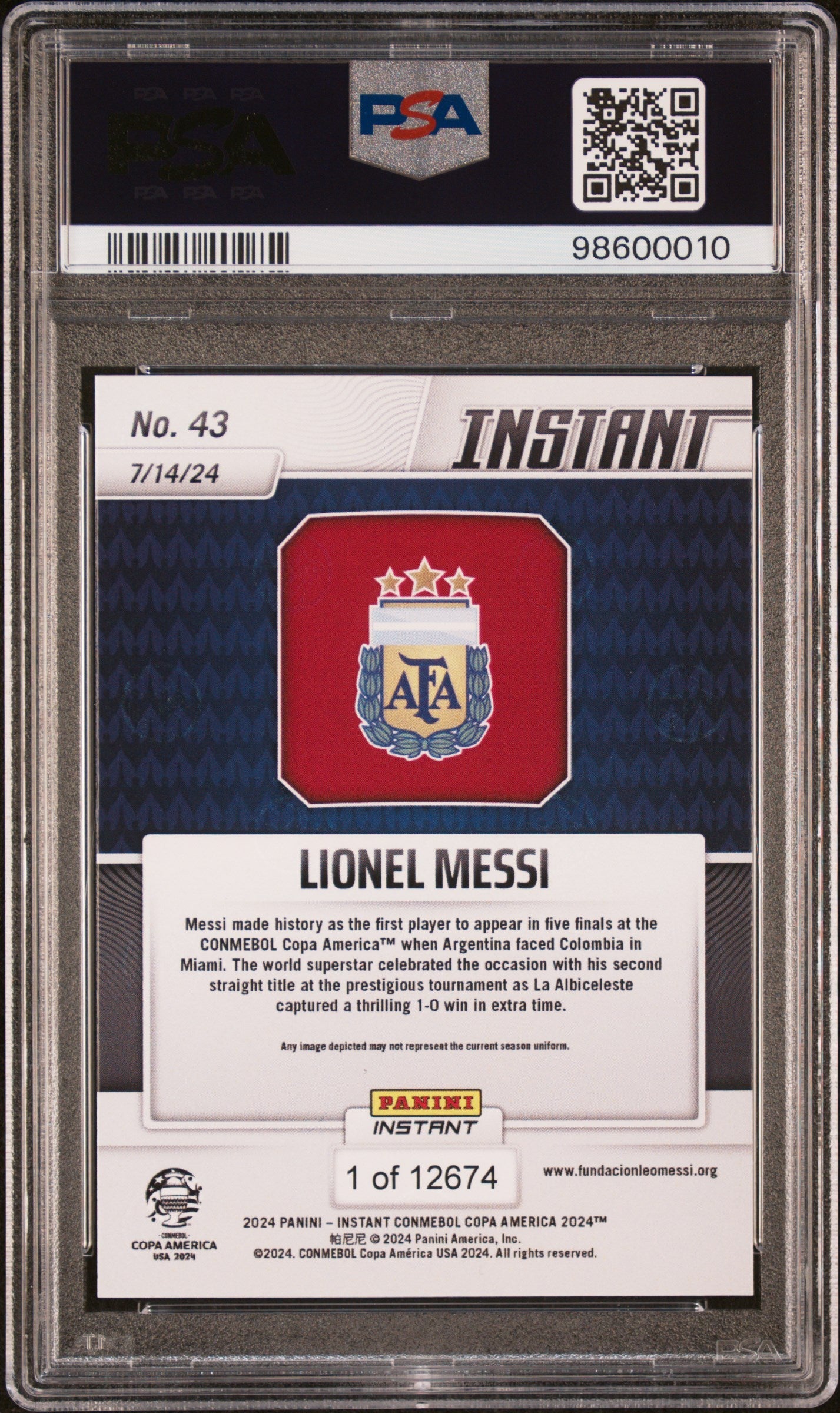 Graded 2024 Panini Instant Lionel Messi #43 Copa America Soccer Card PSA 8 Near Mint 2