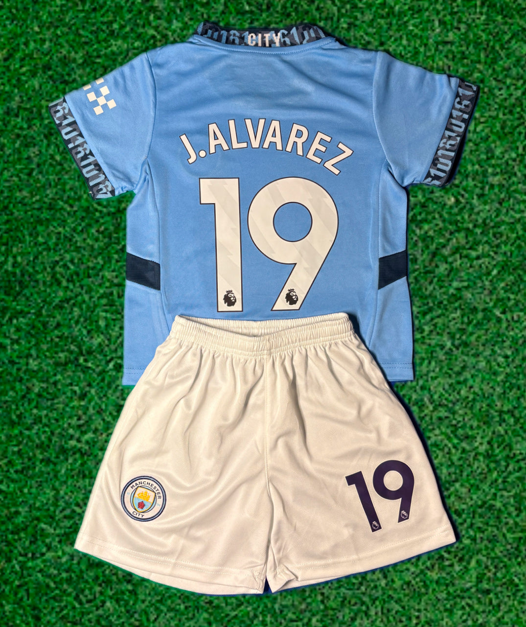 J Alvarez 19 Kids Soccer Jersey Man City Home Kids Youth & Toddler Jersey Kit 1