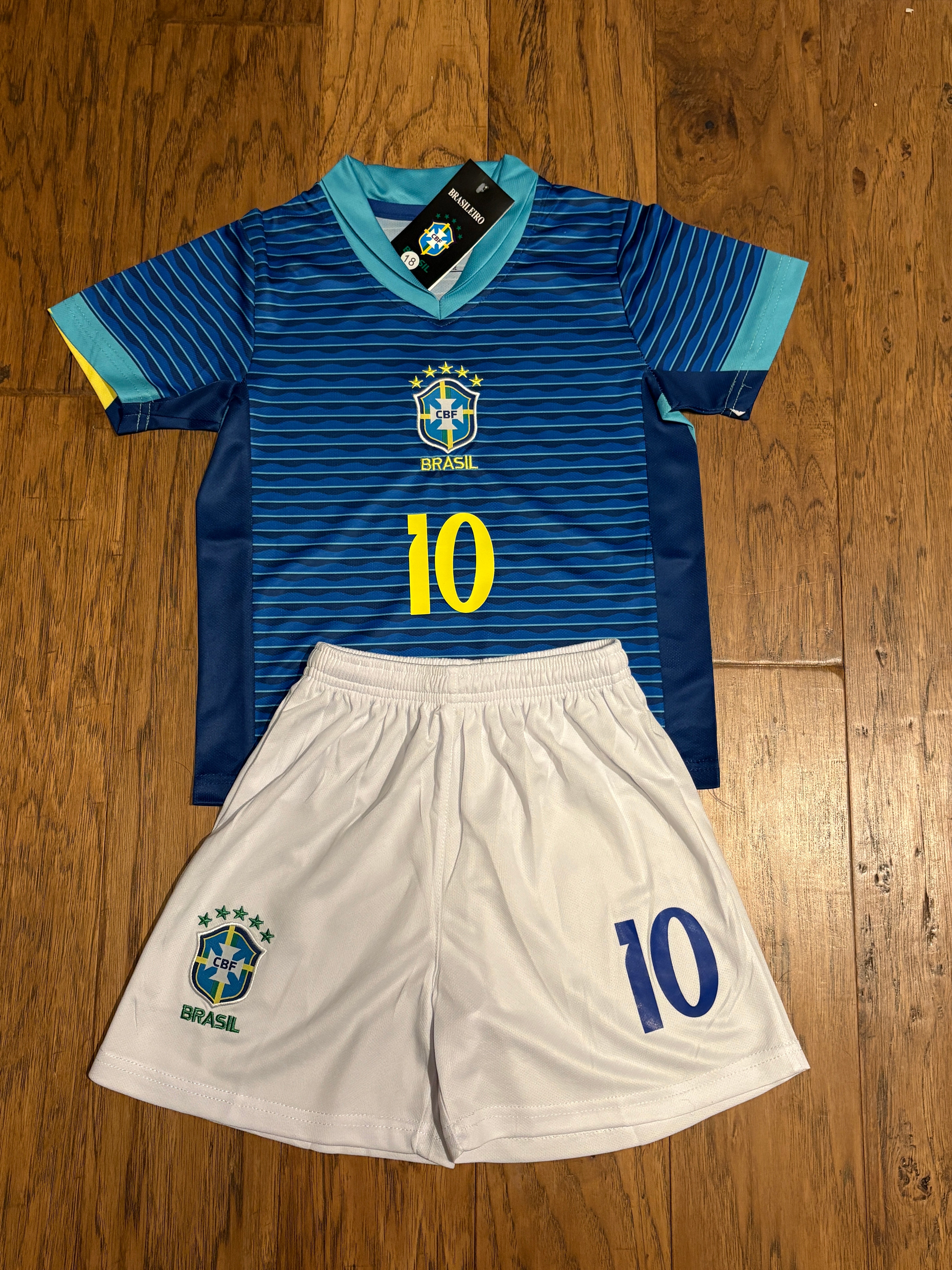Neymar Jr Blue Brazil Away Jersey Kids Soccer Jersey Set Youth & Toddler Sizes 9