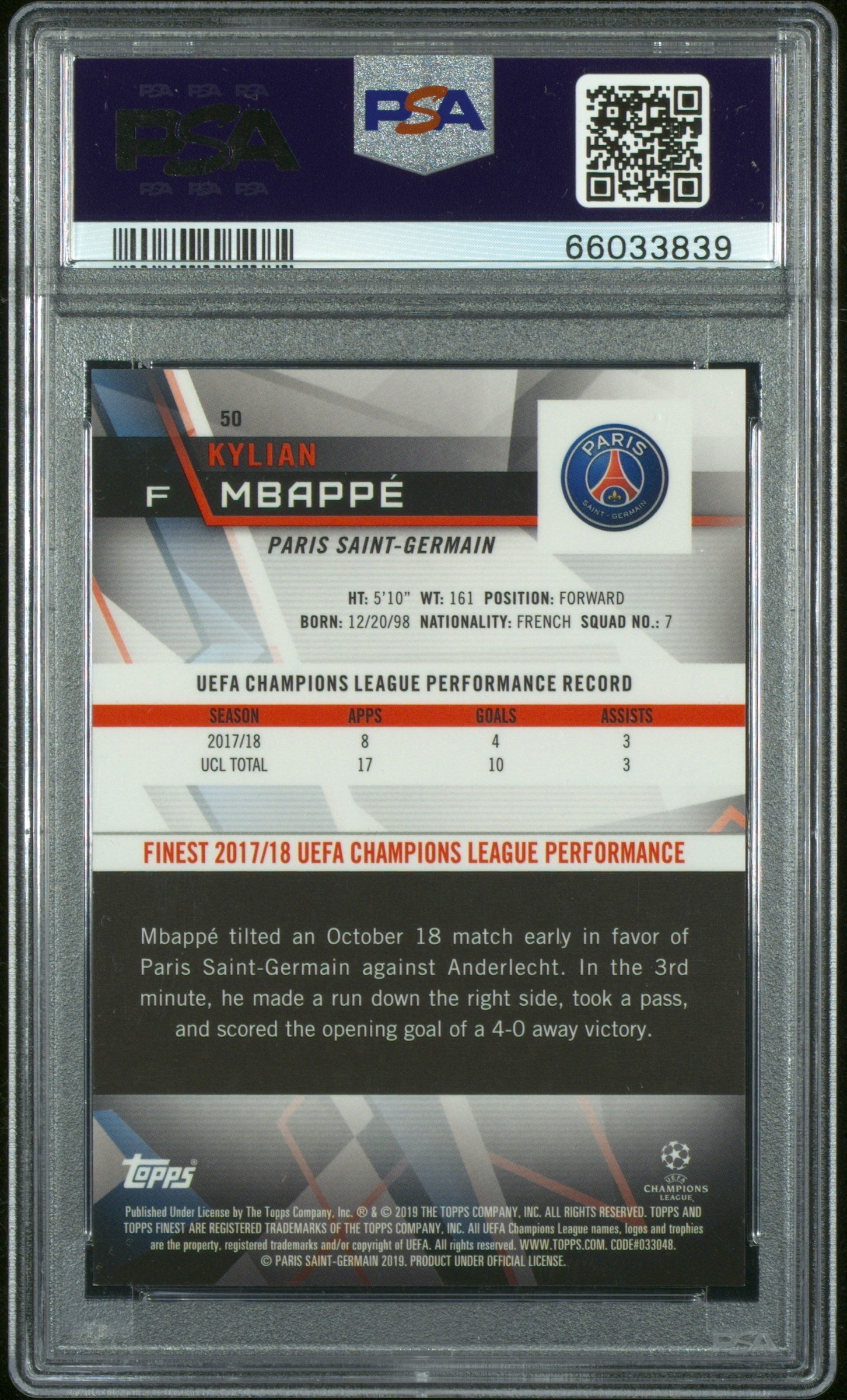 Graded 2018 Topps Finest UCL Kylian Mbappe #50 Green Refractor /99 Soccer Card PSA 9 Mint 2
