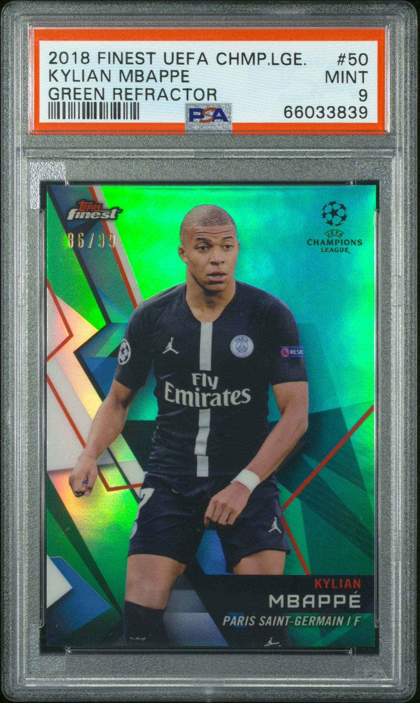 Graded 2018 Topps Finest UCL Kylian Mbappe #50 Green Refractor /99 Soccer Card PSA 9 Mint 1