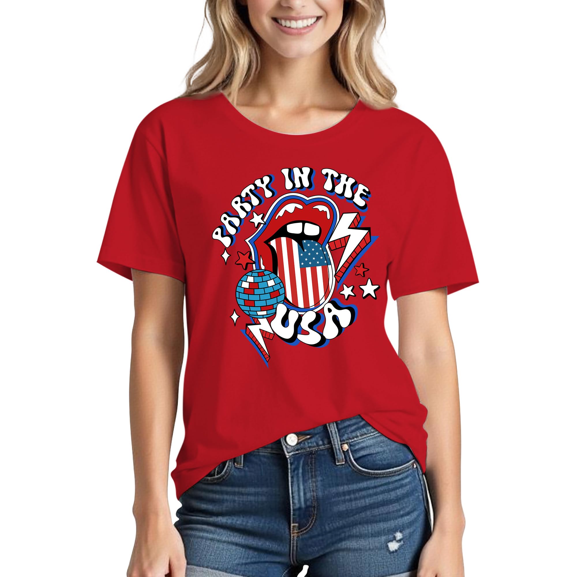 Solatria 4th of July Shirts Women USA Flag Cotton Crew Neck Red XL 1