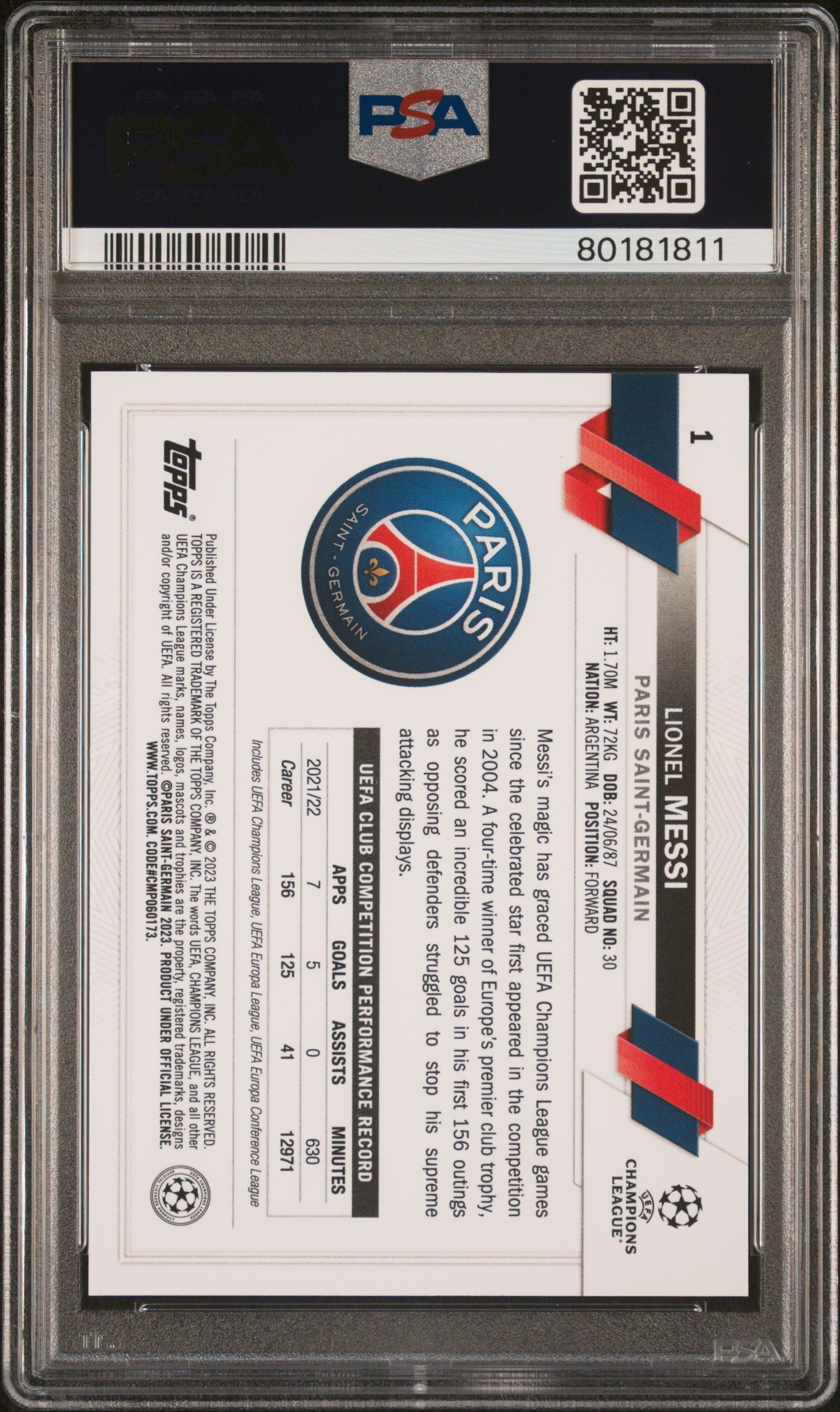 Graded 2022 Topps Chrome UCC Lionel Messi #1 Soccer Card PSA 10 Gem Mint 2