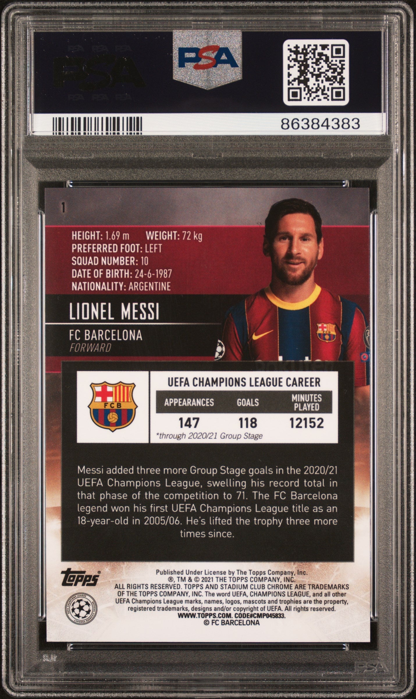 Graded 2020-21 Topps Stadium Club Chrome UCL Lionel Messi #1 Champions League Soccer Card PSA 10 Gem Mint 2