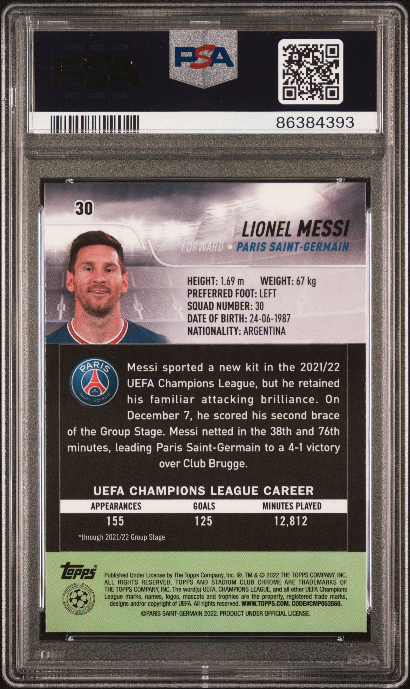 Graded 2021-22 Topps Stadium Club Chrome UCL Lionel Messi #30 Champions League Soccer Card PSA 10 Gem Mint 2