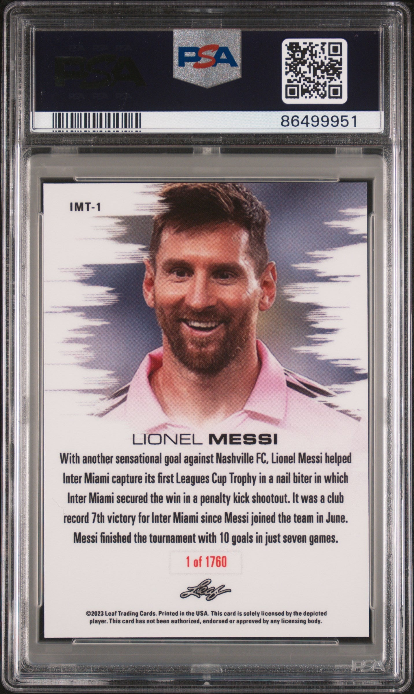 Graded 2023 Leaf Web Exclusives Lionel Messi #IMT1 Wins 1st Inter Miami Trophy in Leagues Cup Soccer Card PSA 10 Gem Mint 2