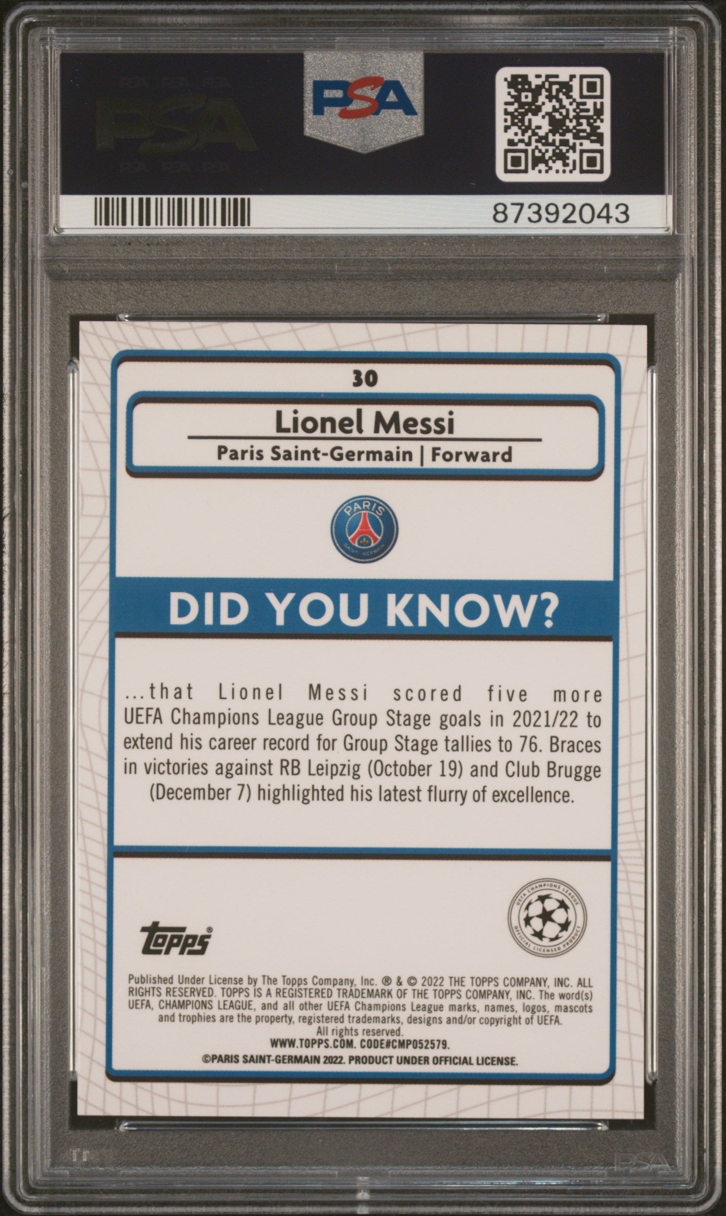 Graded 2021 Topps Merlin Chrome UCL Lionel Messi #30 UEFA Champions League Soccer Card PSA 10 Gem Mint 2