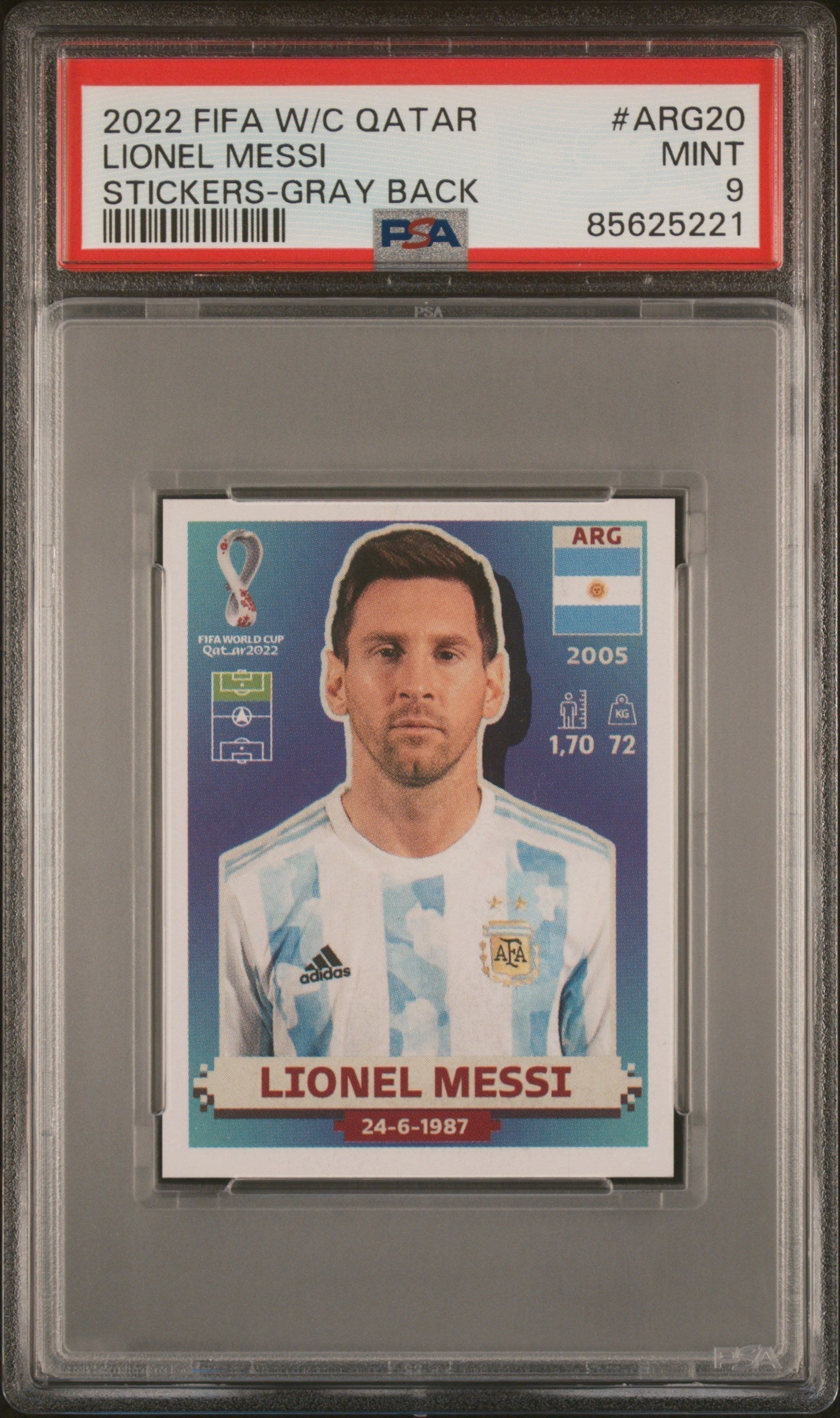 Graded 2022 Panini World Cup Lionel Messi #ARG20 Gray Back Soccer Sticker Card PSA 9 Mint 1