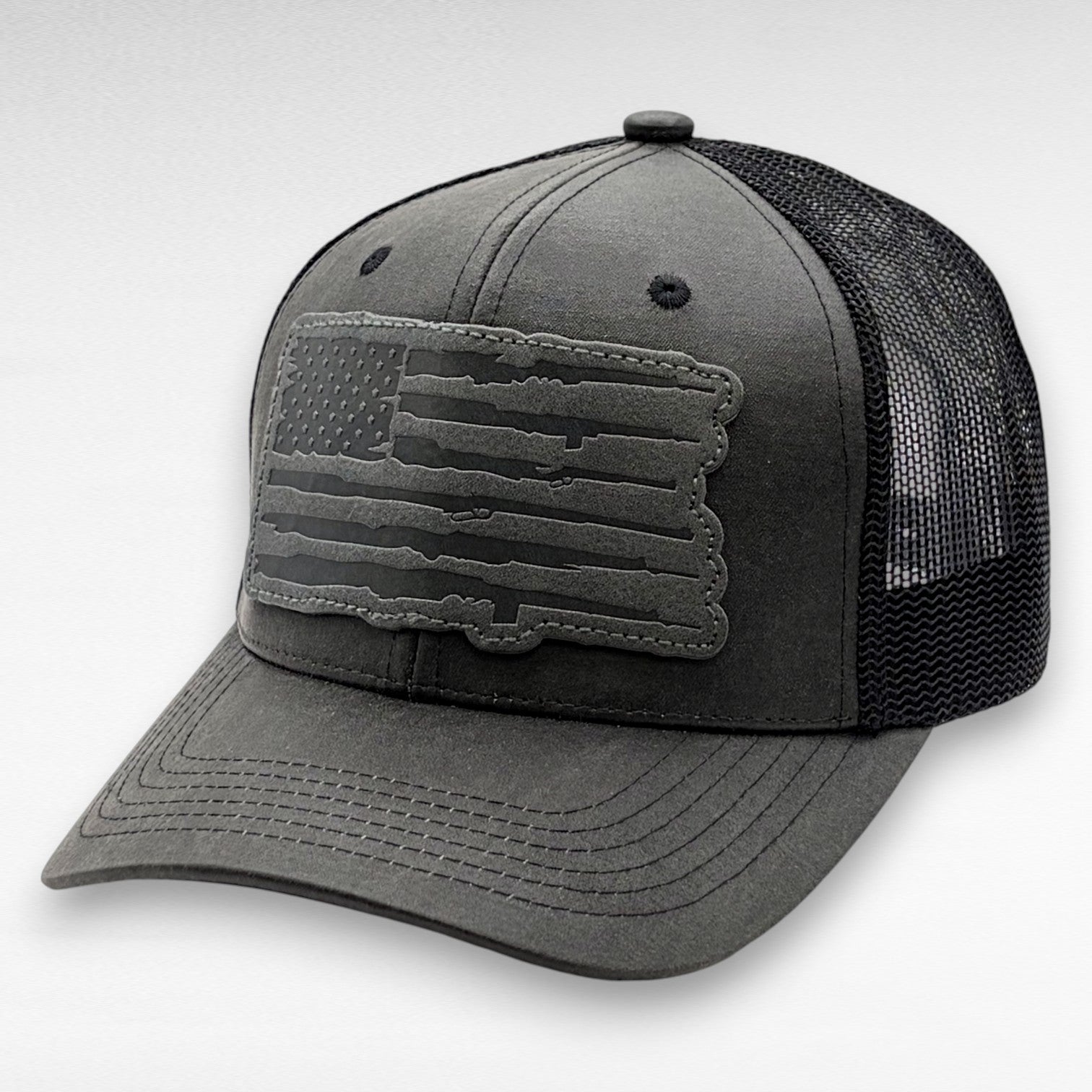 Performance USA Flag Leather Patch Trucker Hat | Snapback, Structured Mesh Back