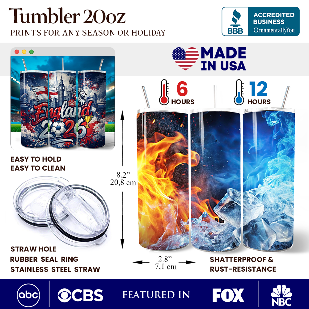 England 2026 Soccer Cup Global Championship 20oz Tumbler With Lid and Stainless Steel Straw, Fans Football Gift Cup 2