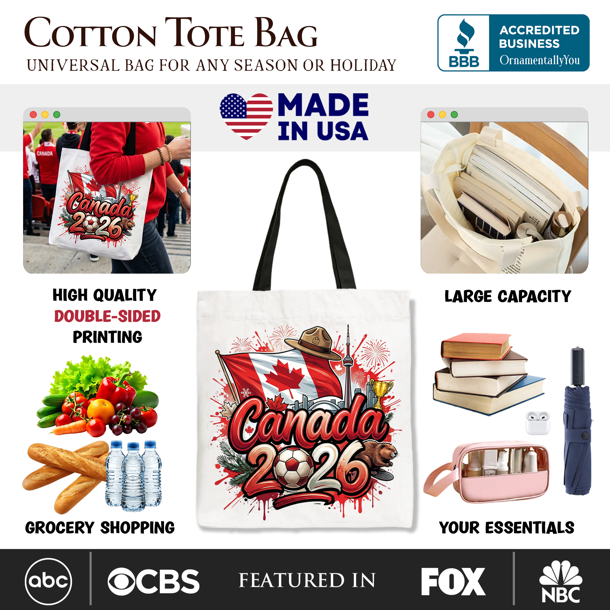 Canada 2026 Soccer Cup Global Championship Tote Bag, Fans Football Gift Shopper 2