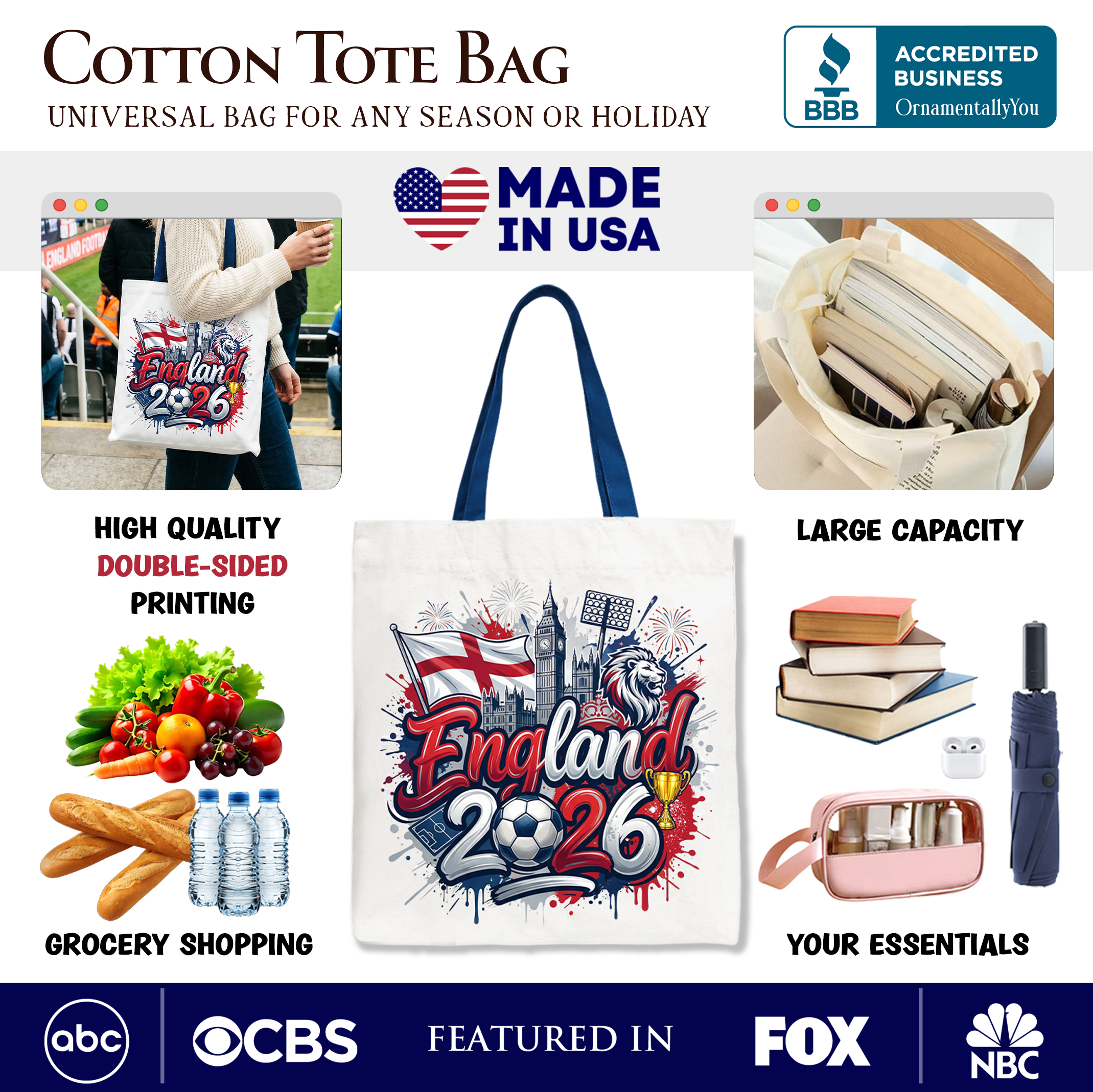 England 2026 Soccer Cup Global Championship Tote Bag, Fans Football Gift Shopper 2