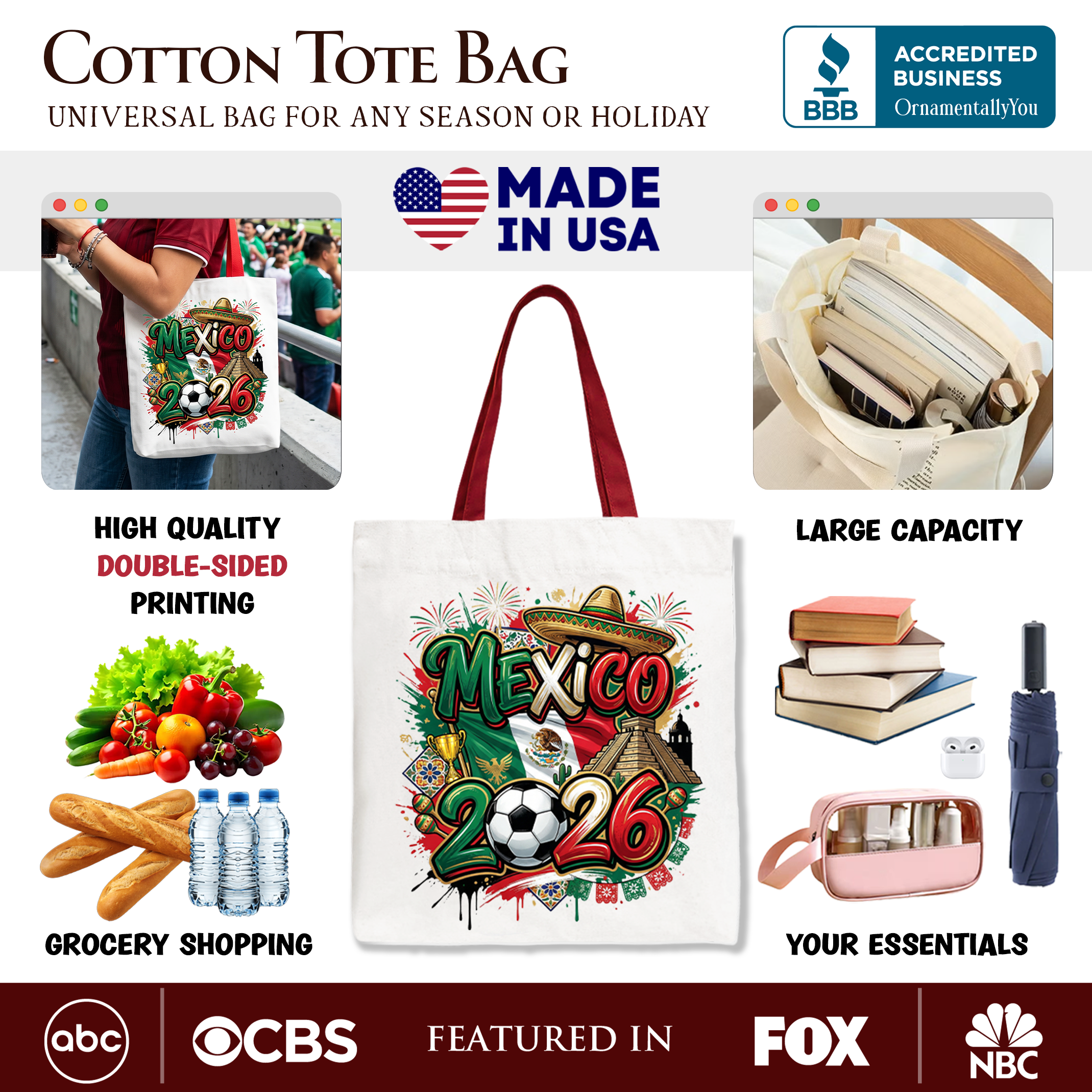 Mexico 2026 Soccer Cup Global Championship Tote Bag, Fans Football Gift Shopper 2