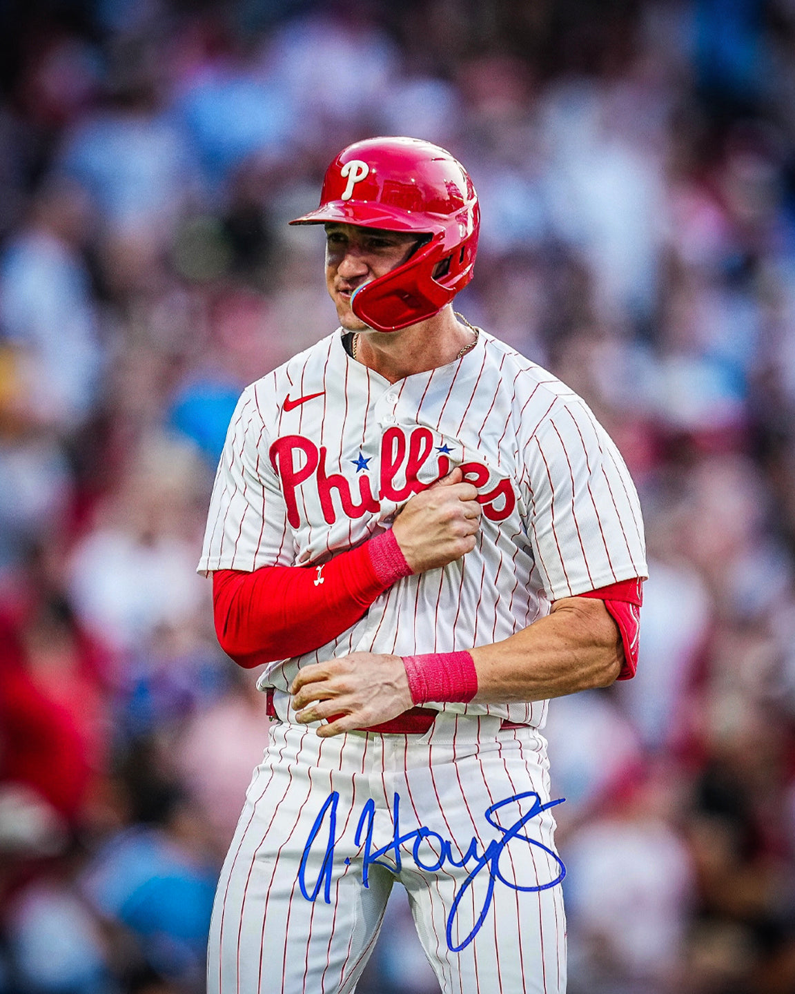 Austin Hays Chest Pound Autographed Philadelphia Phillies 8" x 10" Baseball Photo 2