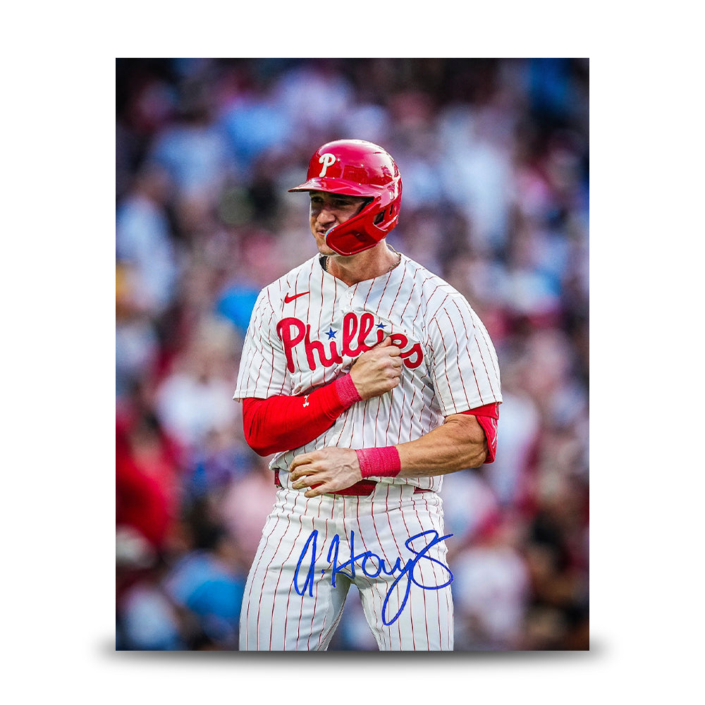 Austin Hays Chest Pound Autographed Philadelphia Phillies 8" x 10" Baseball Photo 1