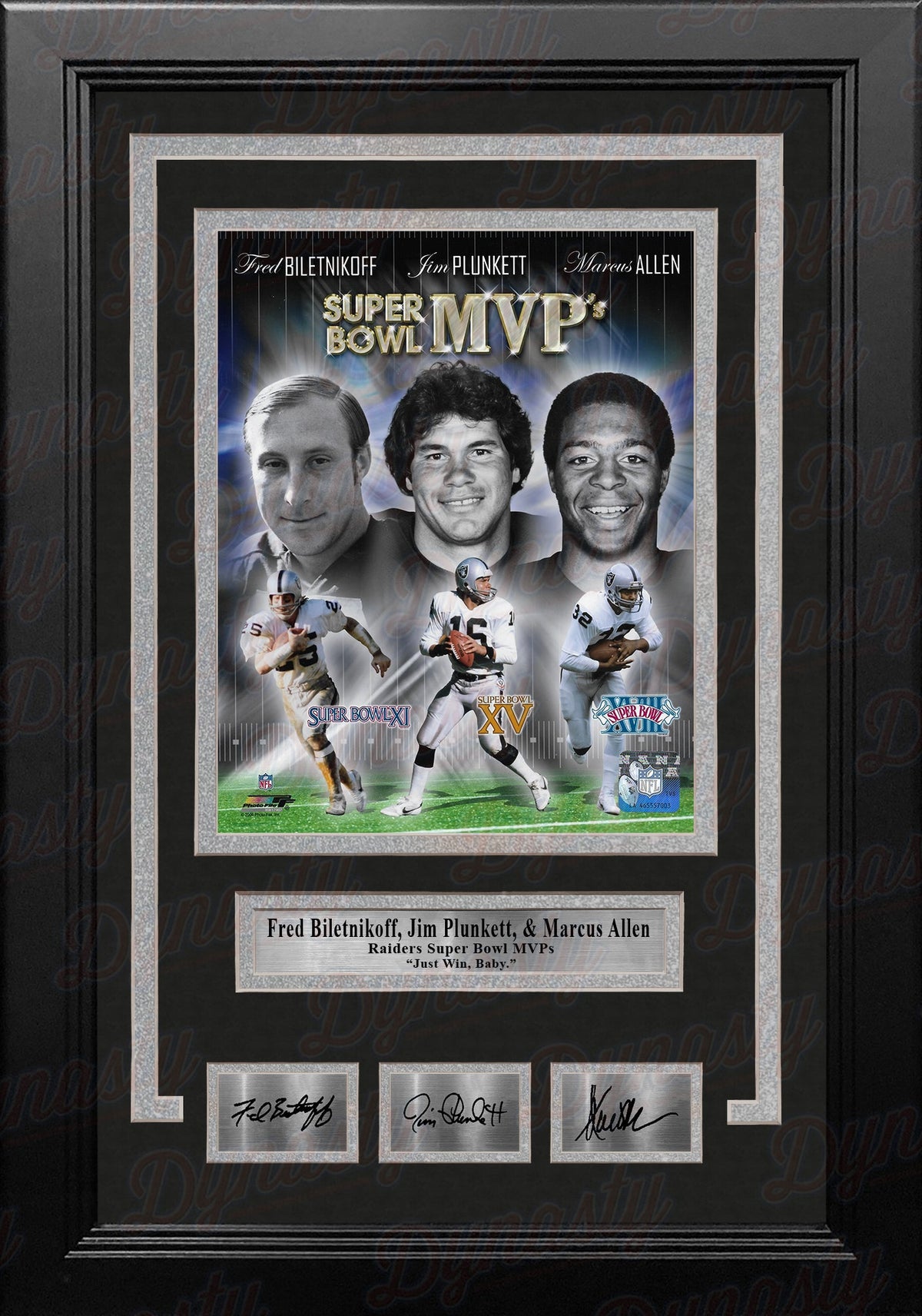 Fred Biletnikoff, Jim Plunkett, & Marcus Allen Raiders 8x10 Framed Photo with Engraved Autographs 1