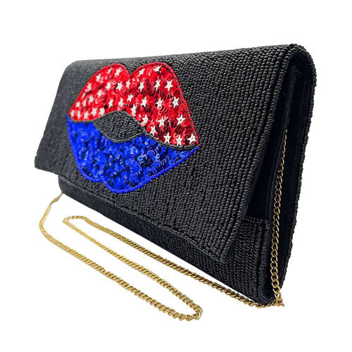 American USA Flag Lips Seed Beaded Clutch Crossbody Bag 4