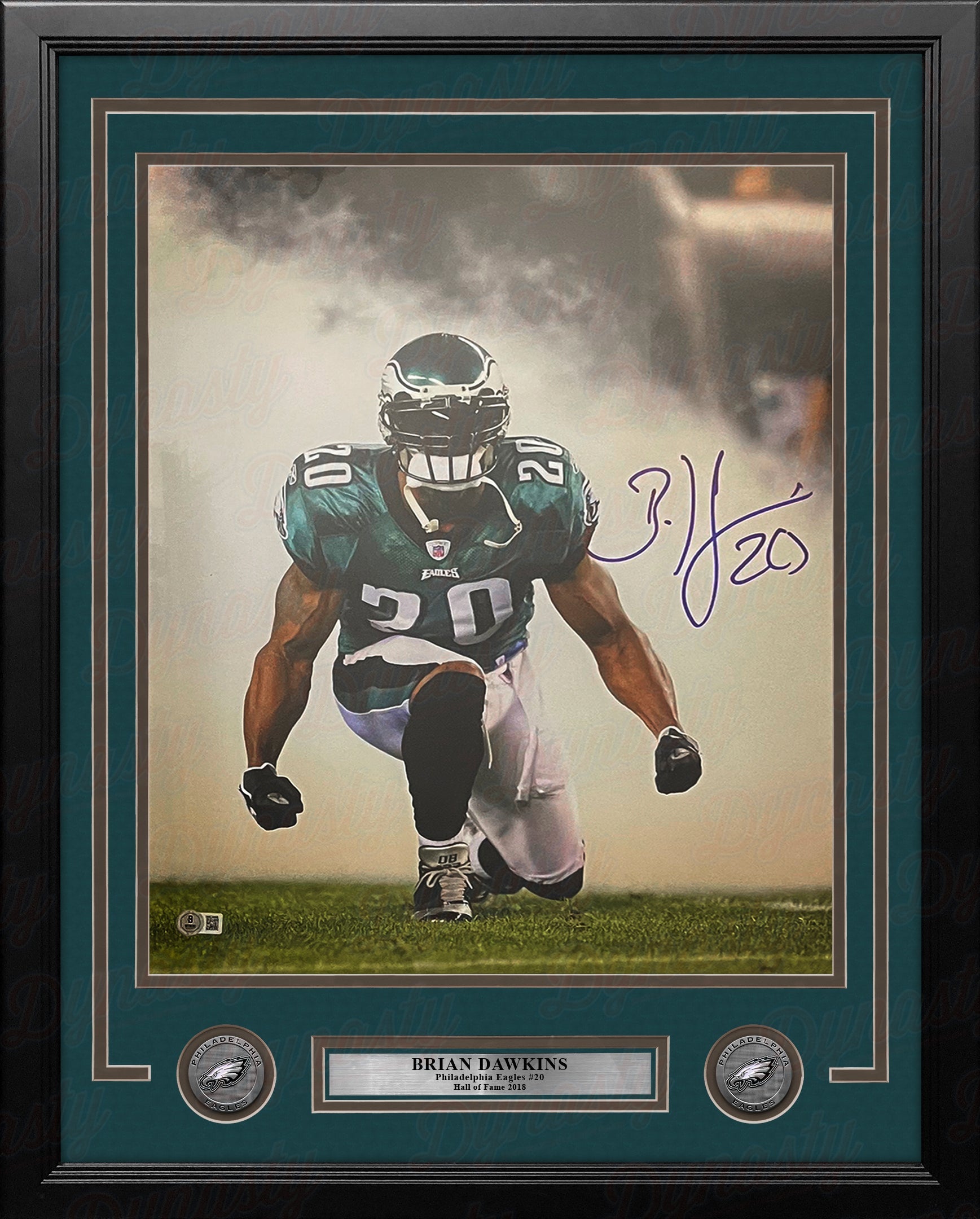 Brian Dawkins Kneeling in the Smoke Philadelphia Eagles Autographed 16" x 20" Framed Football Photo 2