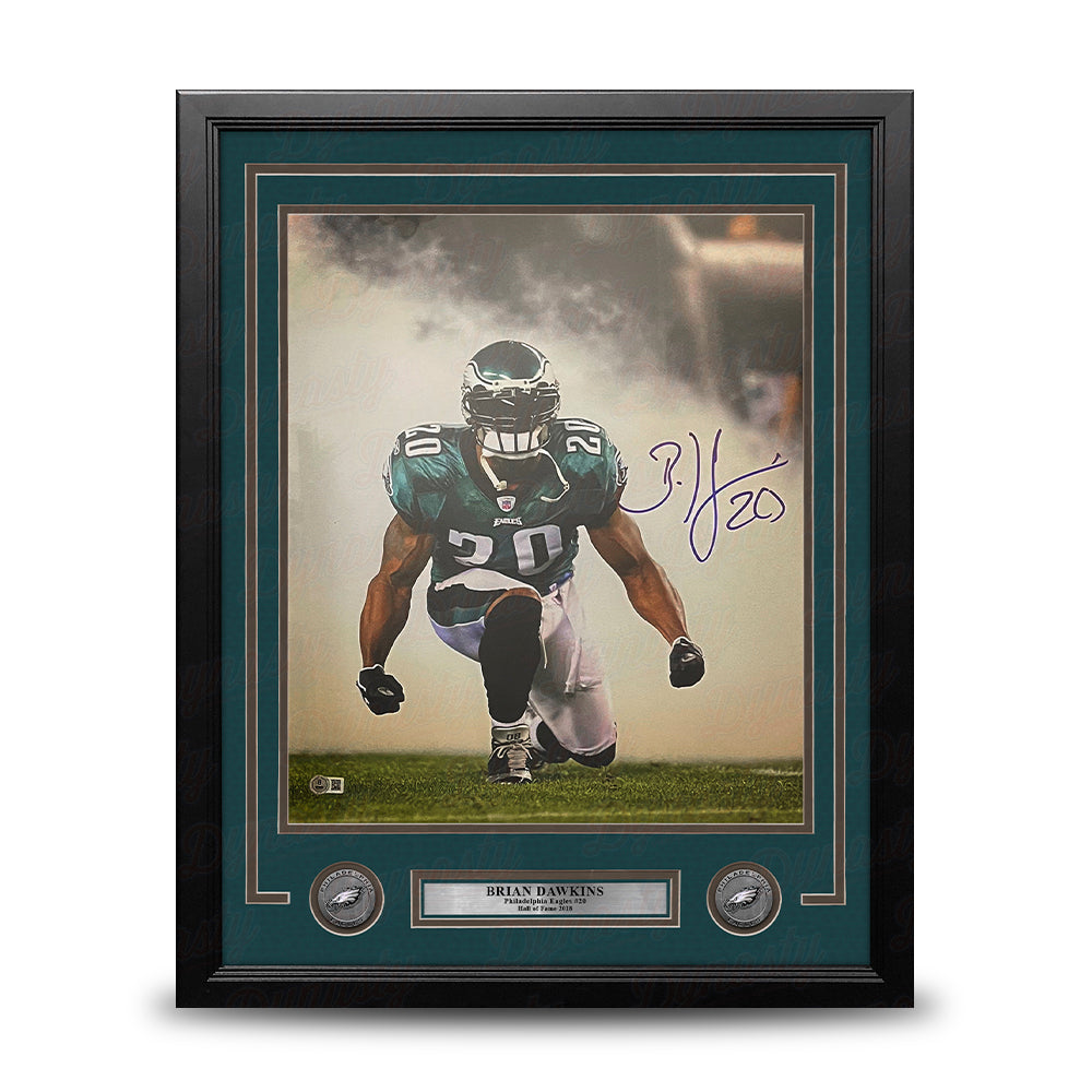 Brian Dawkins Kneeling in the Smoke Philadelphia Eagles Autographed 16" x 20" Framed Football Photo 1