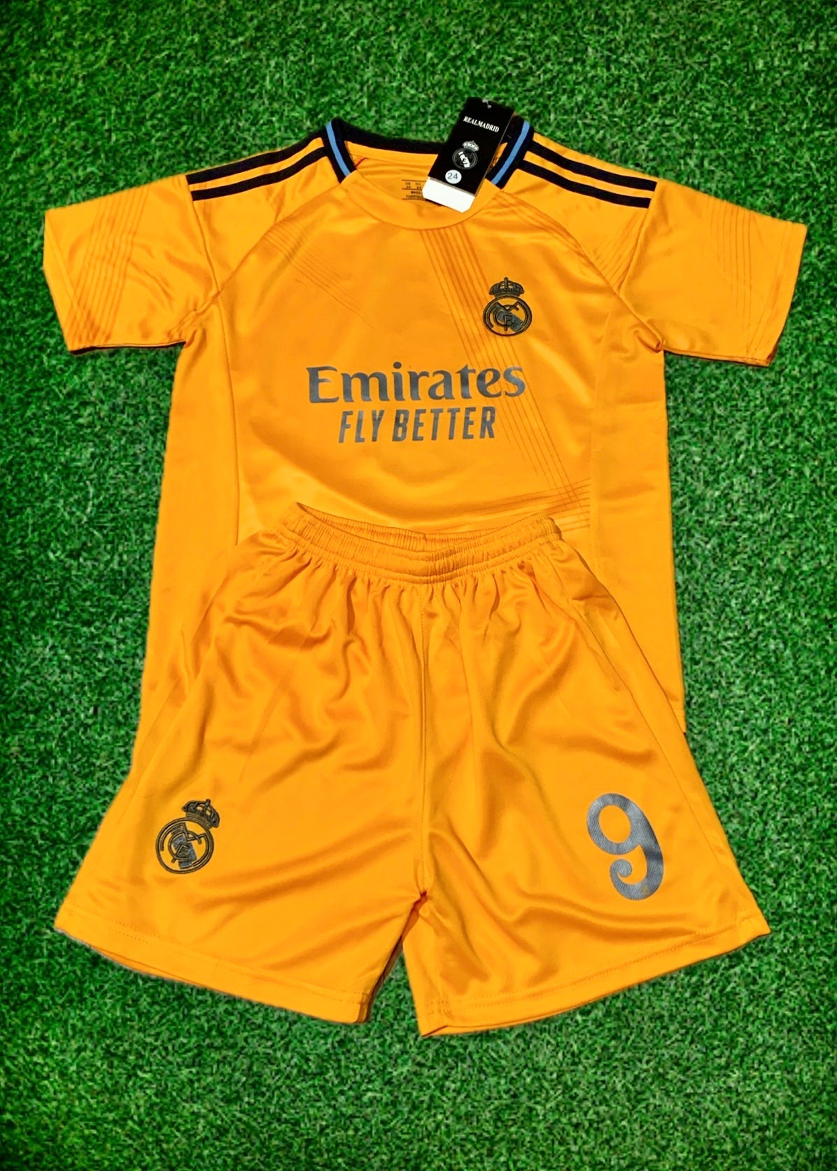 Kylian Mbappe Real Madrid Special Orange 3rd Jersey Toddler/Youth Soccer Jersey Kids Kit 4