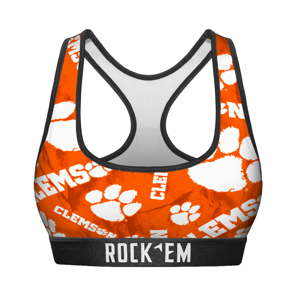 Women's Sports Bra - Clemson Tigers - Logo All-Over | Rock 'Em Socks
