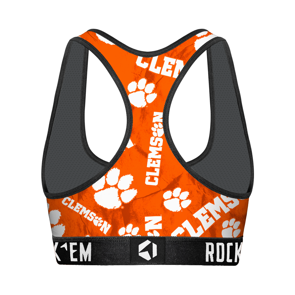 Women's Sports Bra - Clemson Tigers - Logo All-Over | Rock 'Em Socks