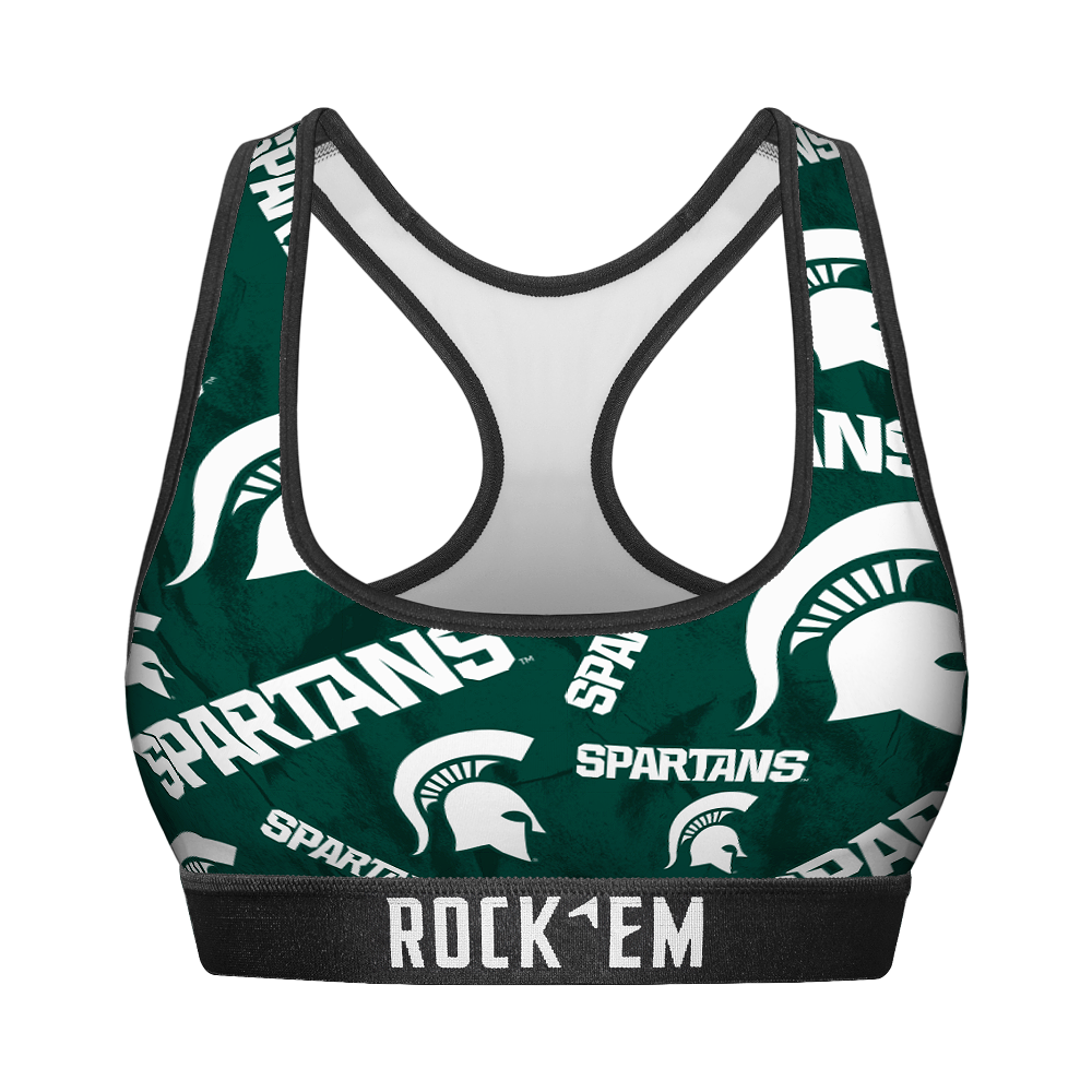Women's Sports Bra - Michigan State Spartans - Logo All-Over | Rock 'Em Socks