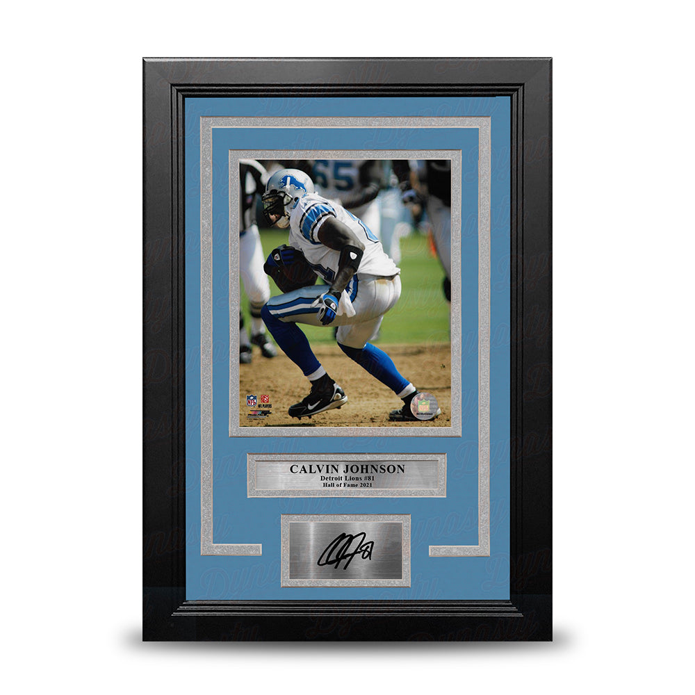 Calvin Johnson in Action Detroit Lions 8" x 10" Framed Football Photo with Engraved Autograph 1