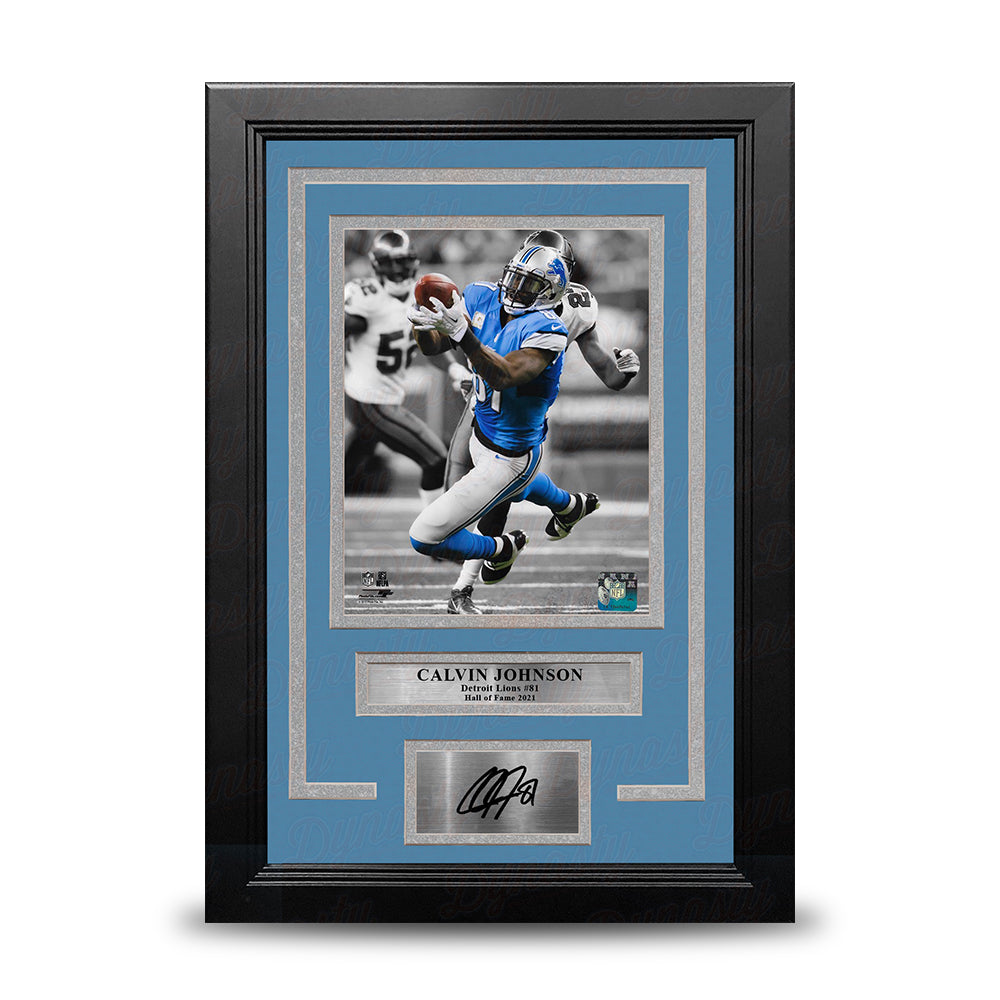 Calvin Johnson Spotlight Action Detroit Lions 8" x 10" Framed Football Photo with Engraved Autograph 1