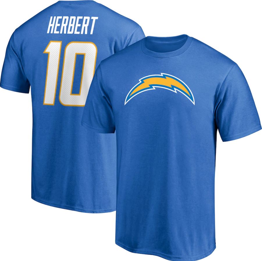 Justin Herbert Los Angeles Chargers Player Icon Name & Number T-Shirt - Powder Blue 1
