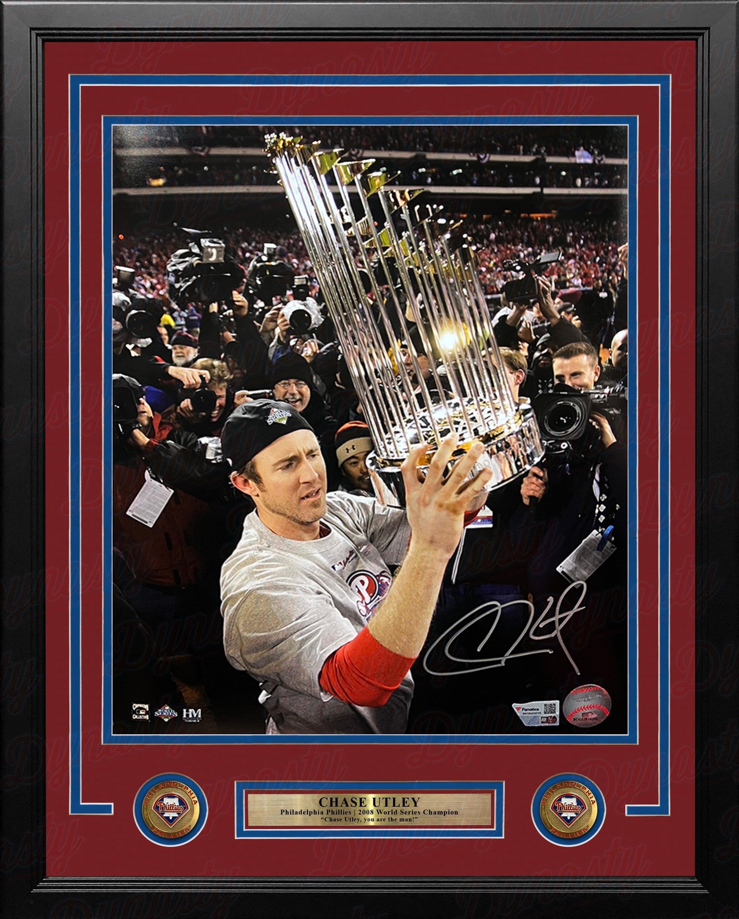Chase Utley 2008 World Series Trophy Philadelphia Phillies Autographed 16" x 20" Framed Baseball Photo 2