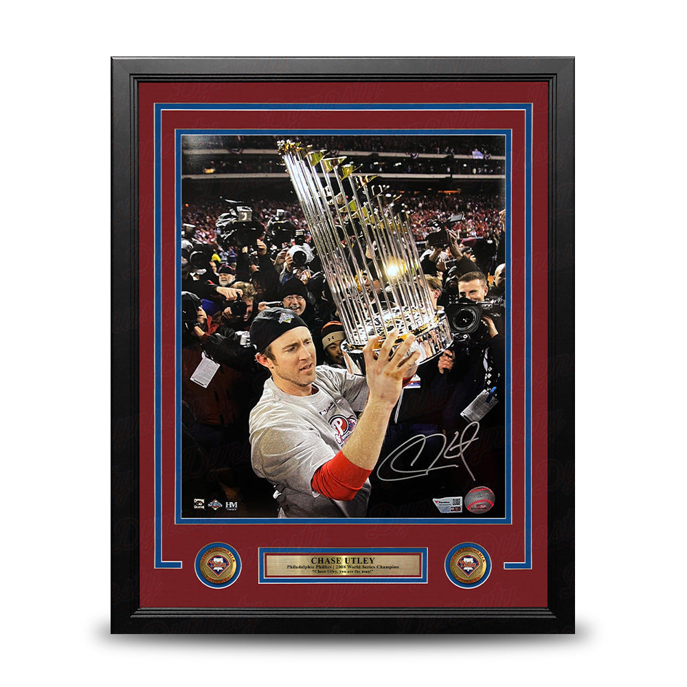 Chase Utley 2008 World Series Trophy Philadelphia Phillies Autographed 16" x 20" Framed Baseball Photo 1