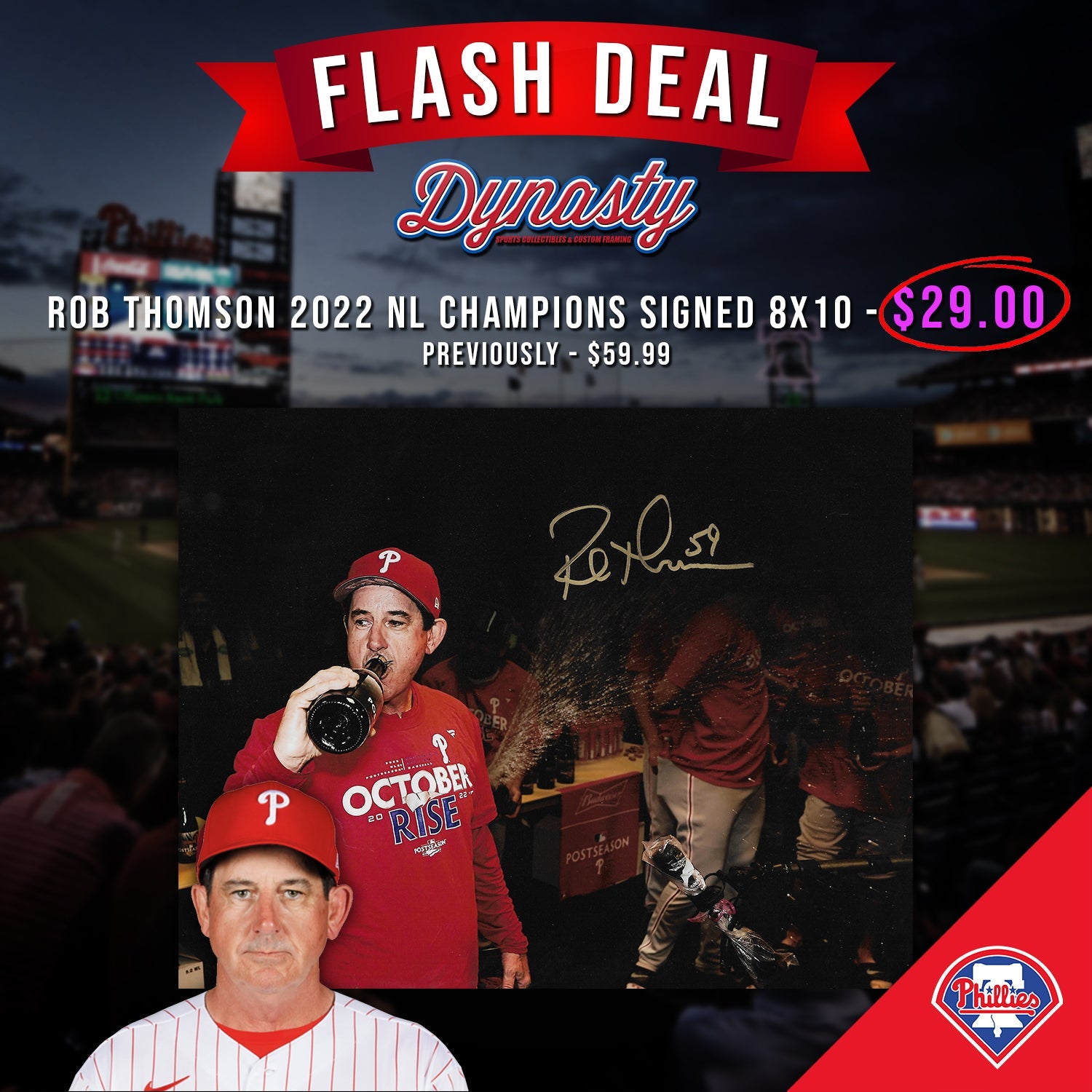 Rob Thomson 2022 NL Champions Locker Room Celebration Philadelphia Phillies Autographed 8x10 Photo 1